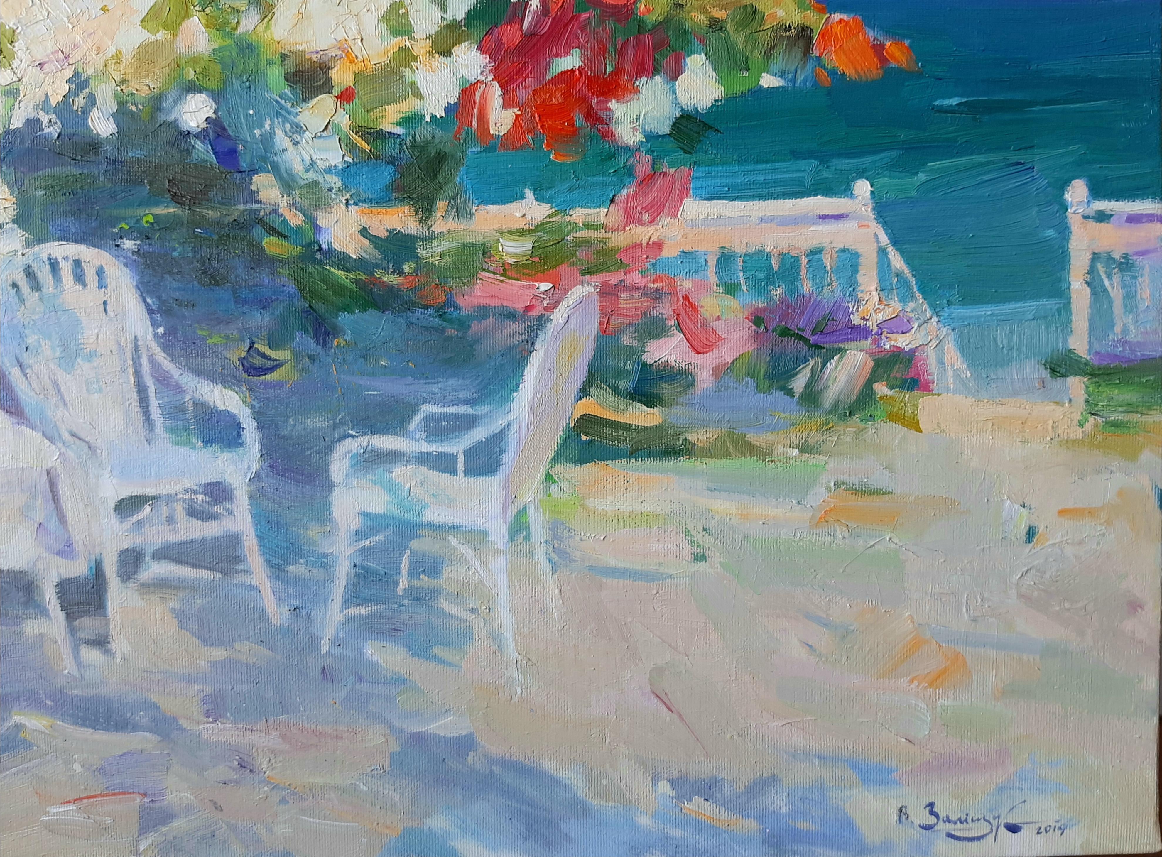 At Sea For Two – Ölgemälde auf Leinwand in Blau, Gelb, Grün, Weiß und Beige (Impressionismus), Painting, von Valeriy Zalishchuk