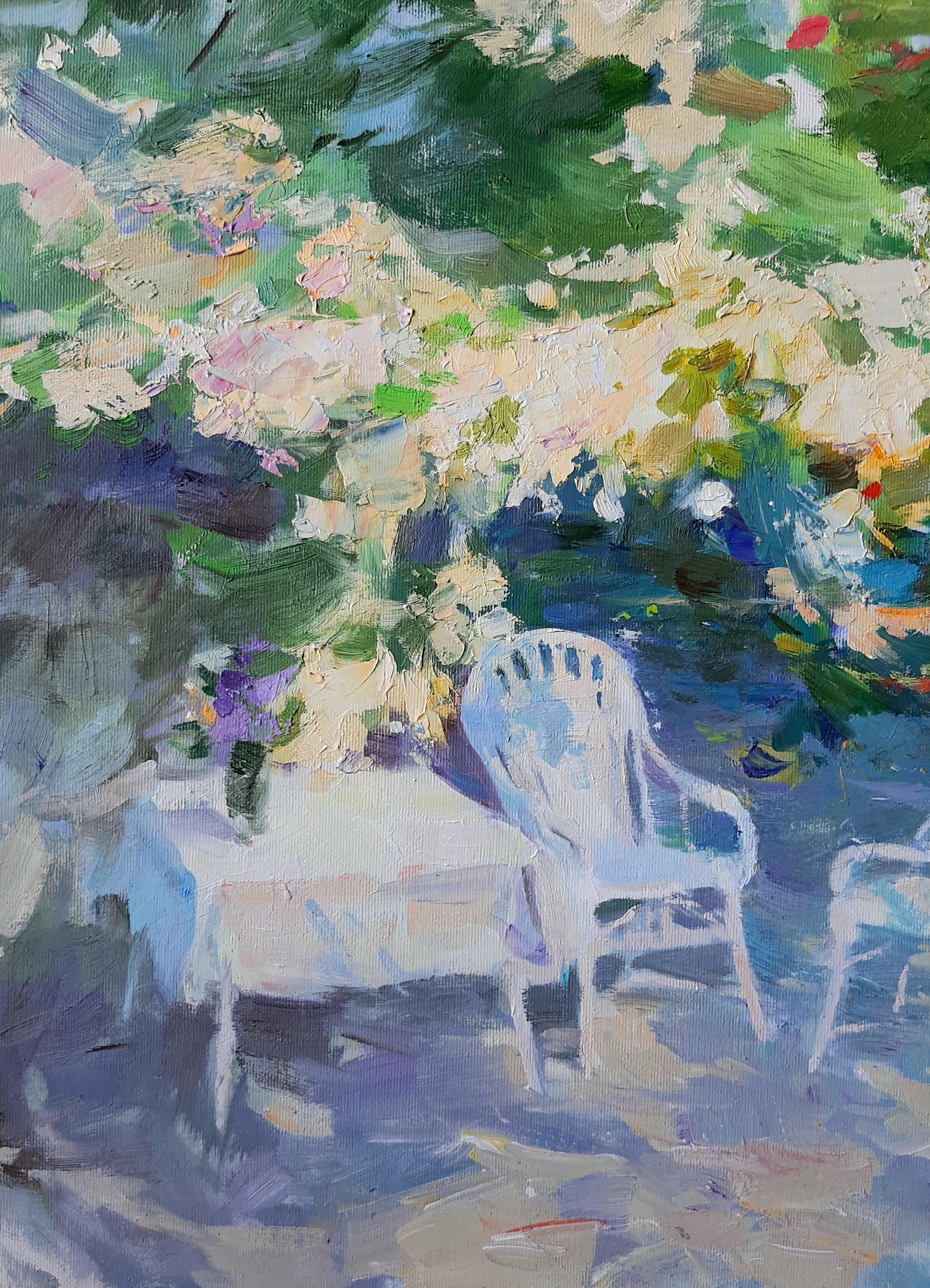 At Sea For Two – Ölgemälde auf Leinwand in Blau, Gelb, Grün, Weiß und Beige (Grau), Landscape Painting, von Valeriy Zalishchuk