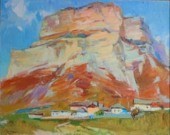 Al pie de la eternidad - Pintura al óleo Lienzo Azul Amarillo Verde Blanco Beige
