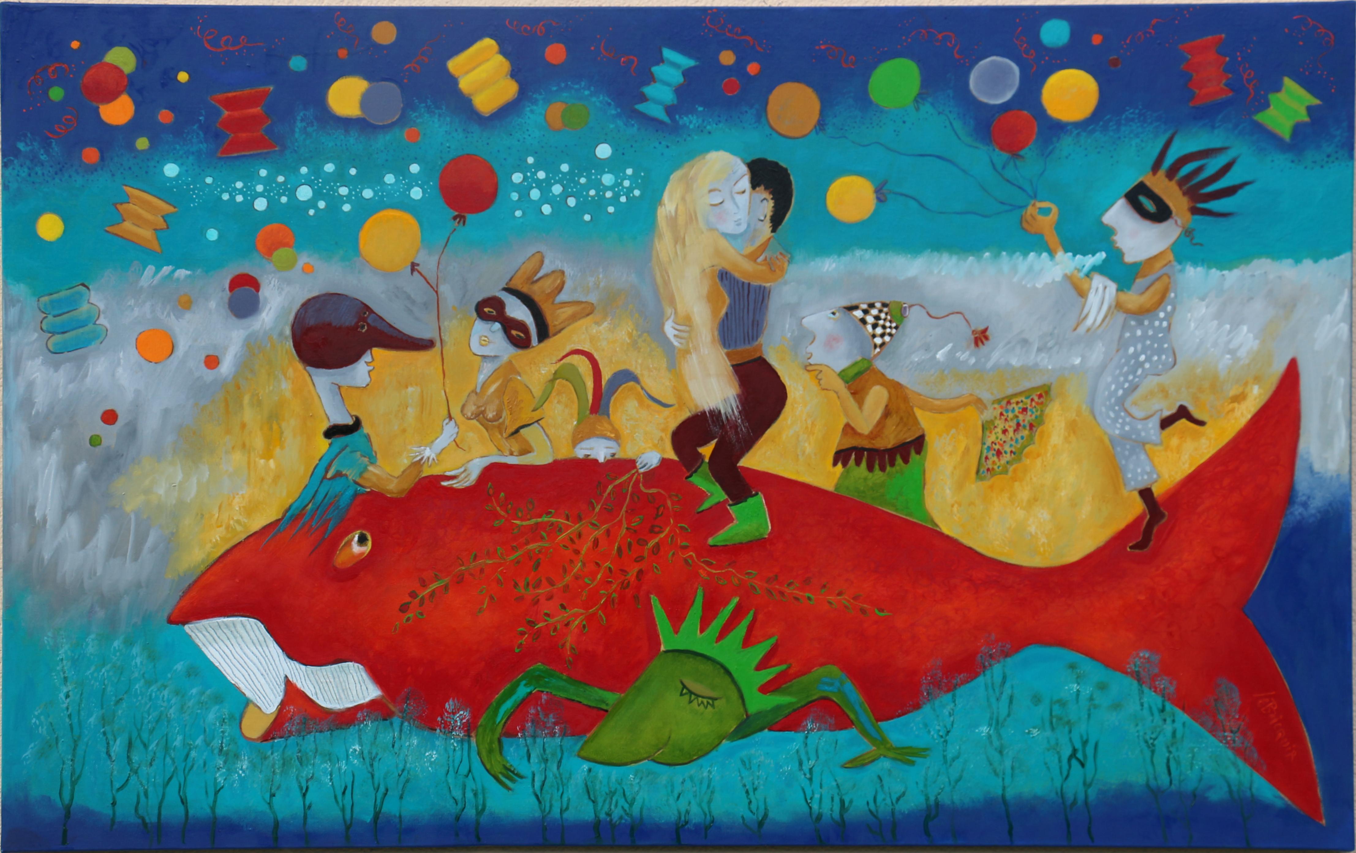 Danielle Le Bricquir Figurative Painting - Beluga In Mind - Oil Painting Red White Blue Brown Yellow Green Orange