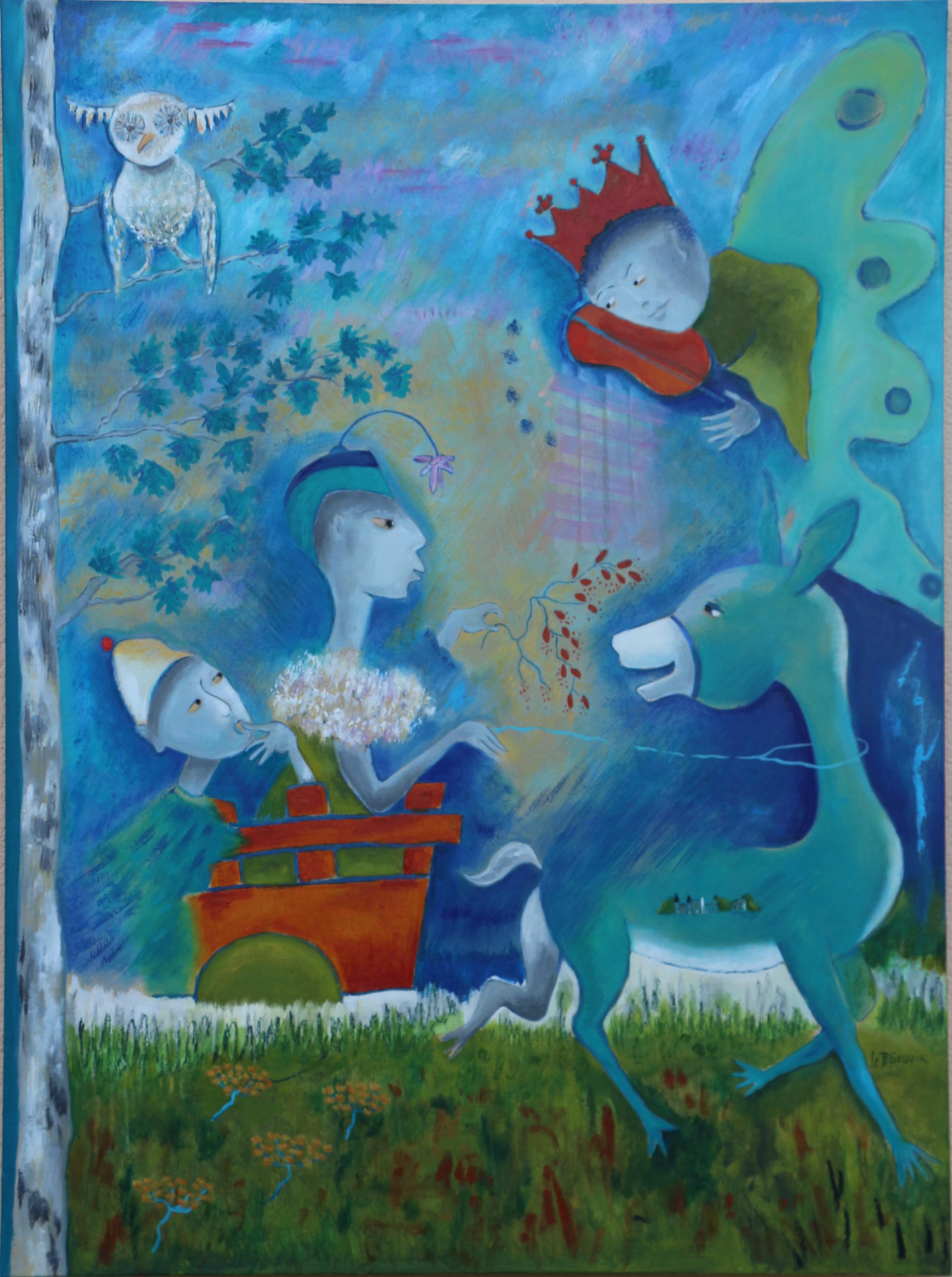 Danielle Le Bricquir Animal Painting - Departure To A Quiet Country - White Blue Brown Green