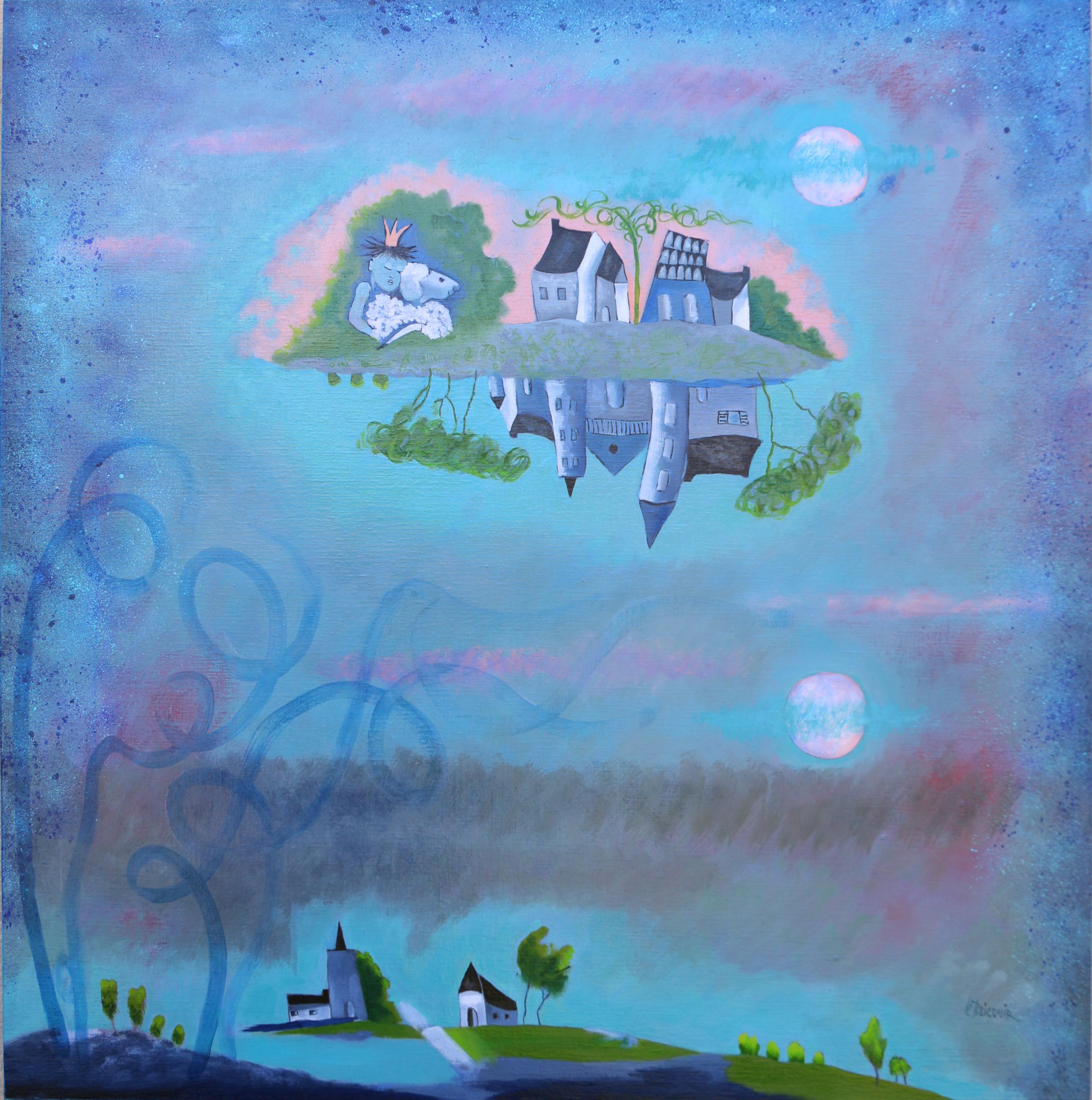 Figurative Painting di Danielle Le Bricquir - Il Piccolo Principe trova il suo pianeta - Pittura a olio Rosso Bianco Blu Marrone Verde