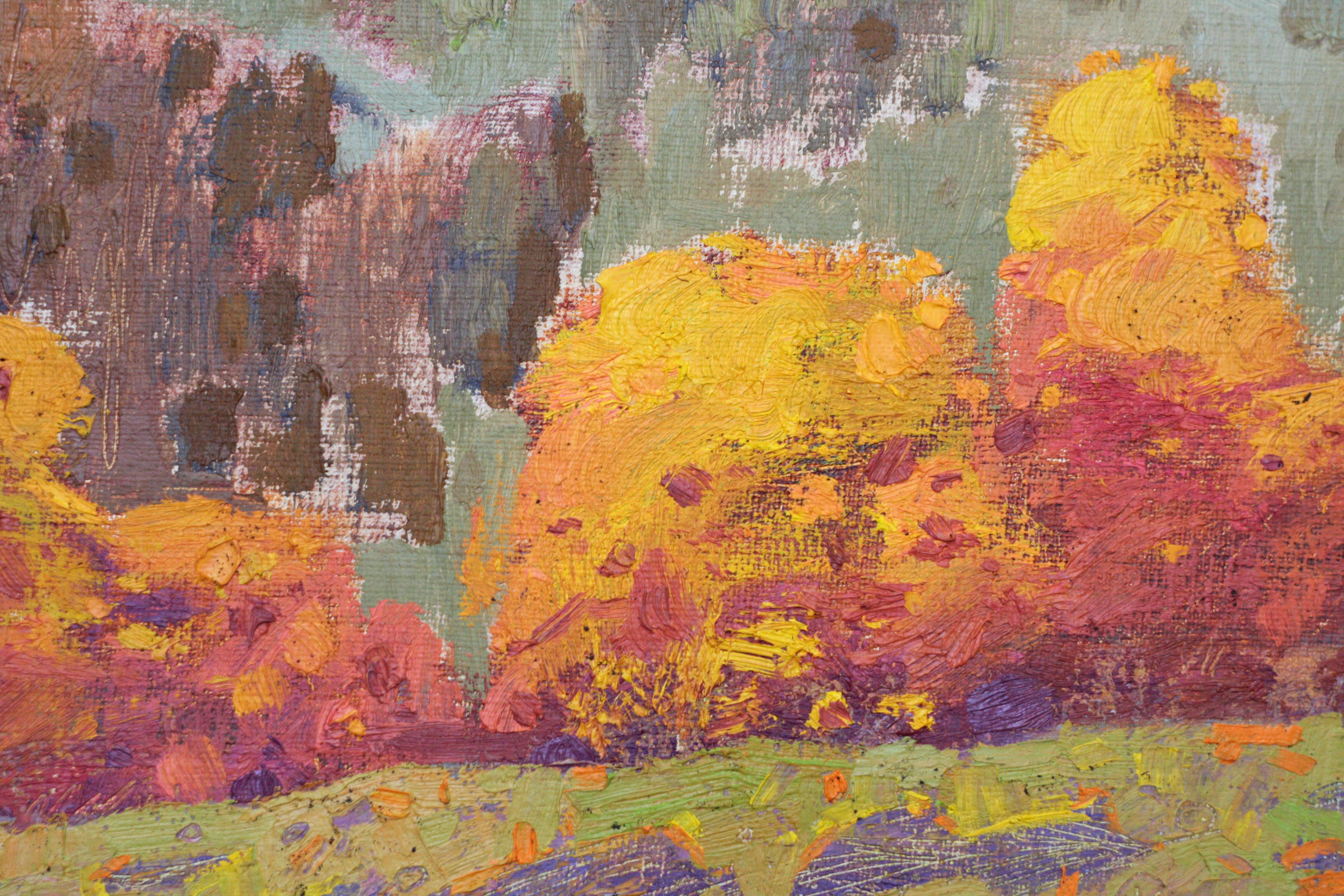Paisaje de otoño - Pintura al óleo Lienzo Colores Azul Verde Blanco Marrón Morado - Painting de Nelli Kirman