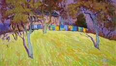 Peinture à l'huile « In The Vicinity of Stuzhytsi », bleu, vert, blanc, marron et violet