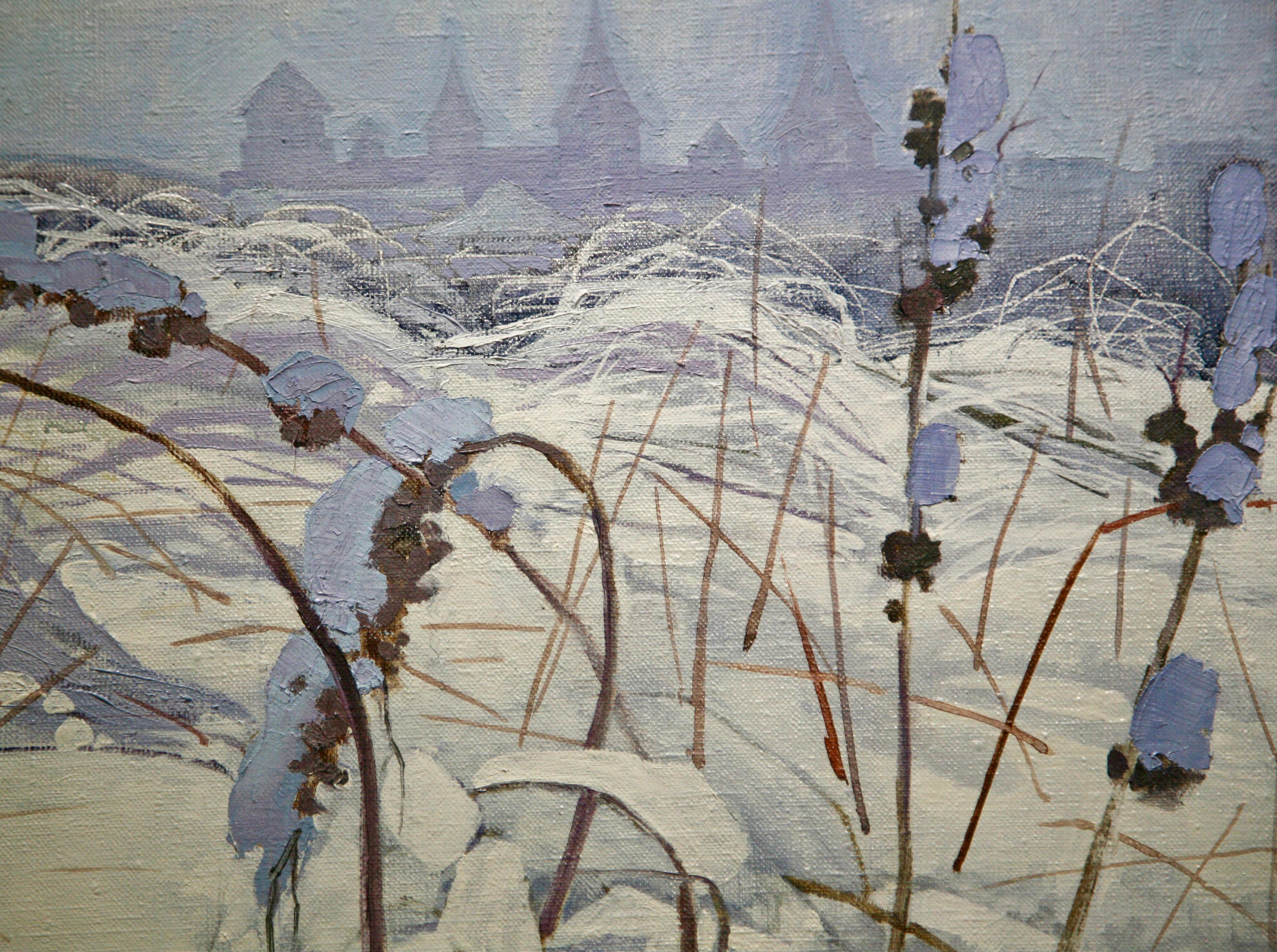 Regno d'inverno - Pittura a olio su tela Blu Grigio Bianco Marrone Nero - Painting Impressionismo di Nelli Kirman