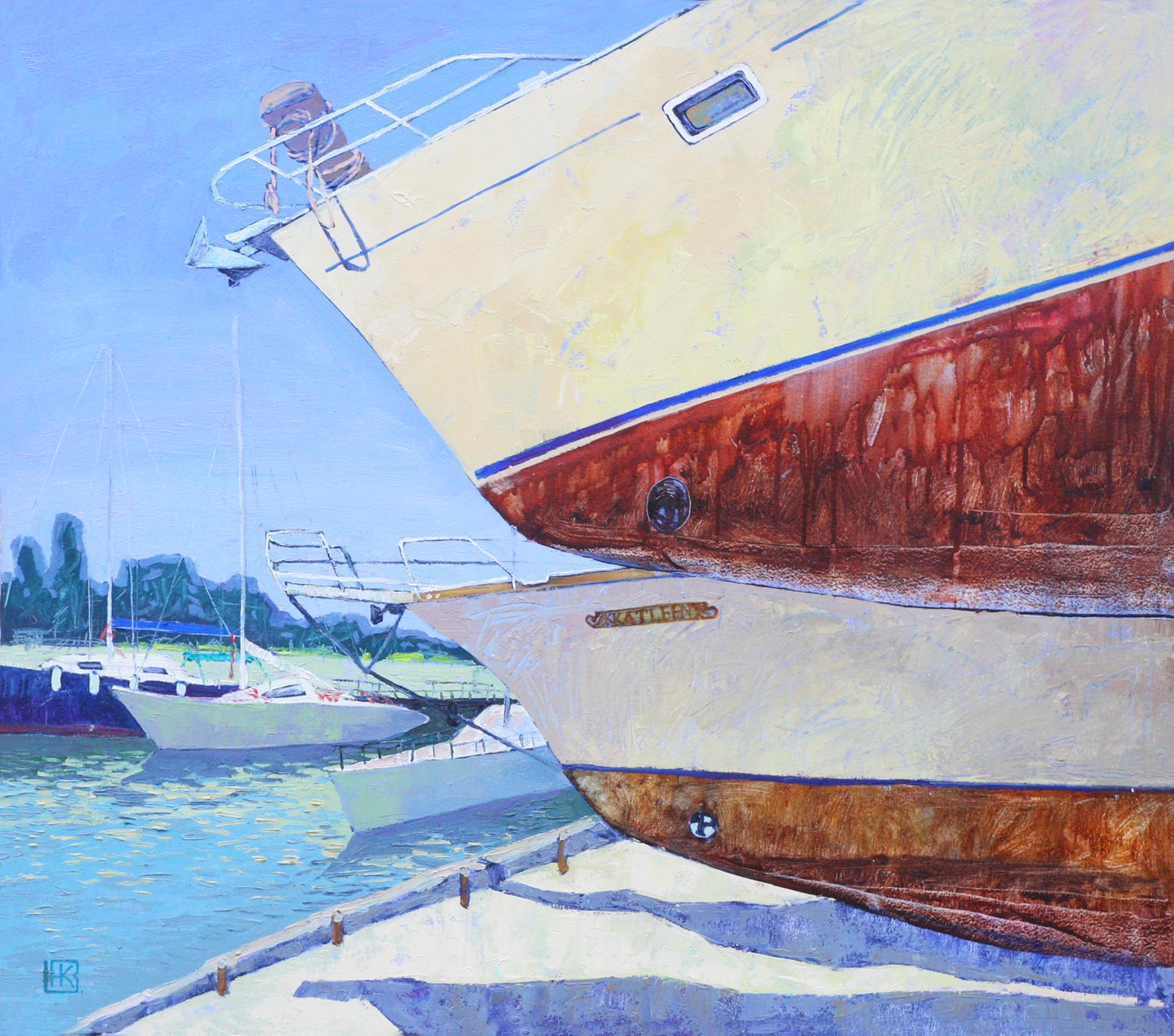 Landscape Painting Nelli Kirman - Ingulsky Coast - Peinture à l'huile sur toile bleu, gris, blanc, marron et noir