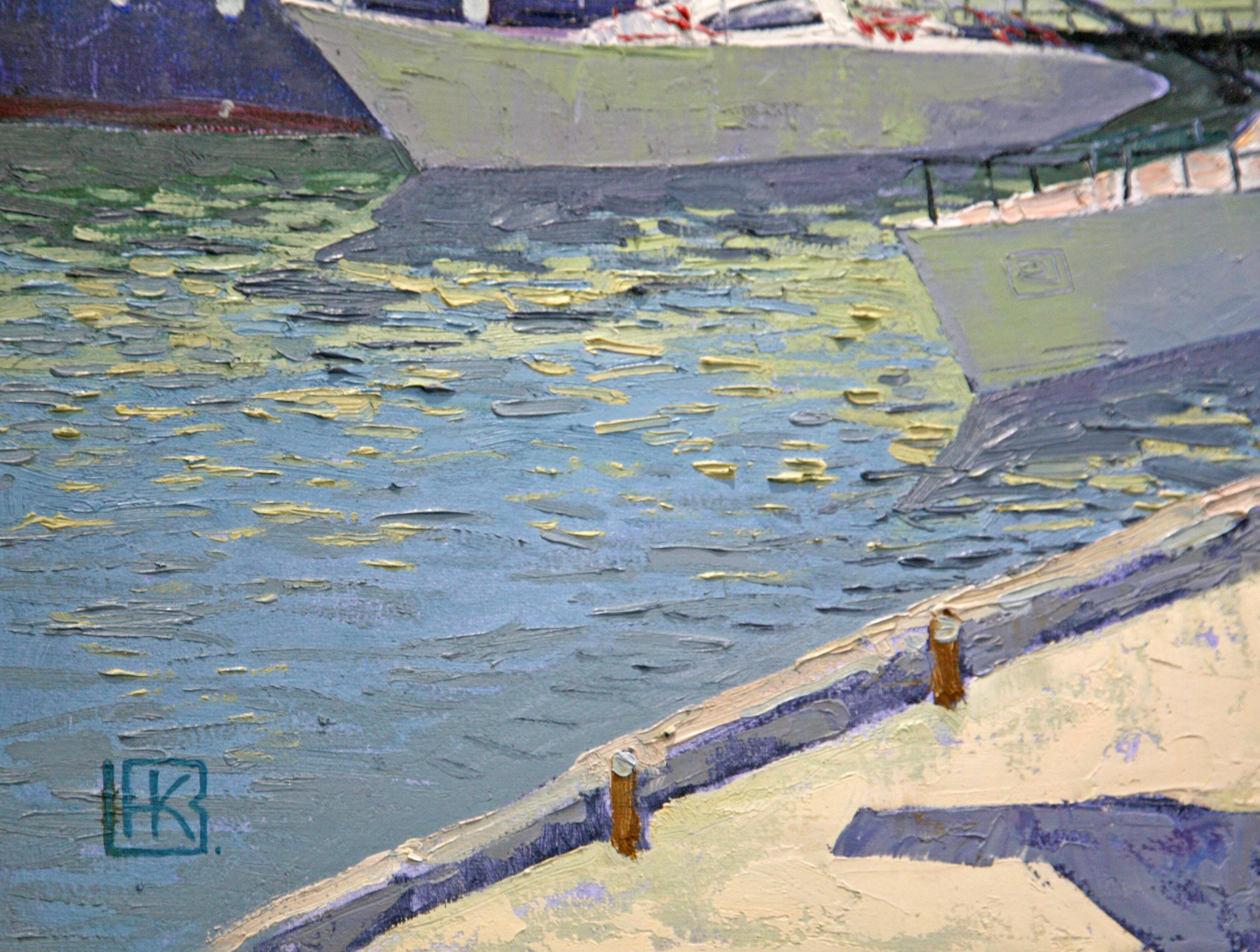 Ingulsky Coast - Pintura al Óleo Lienzo Azul Gris Blanco Marrón Negro - Painting de Nelli Kirman