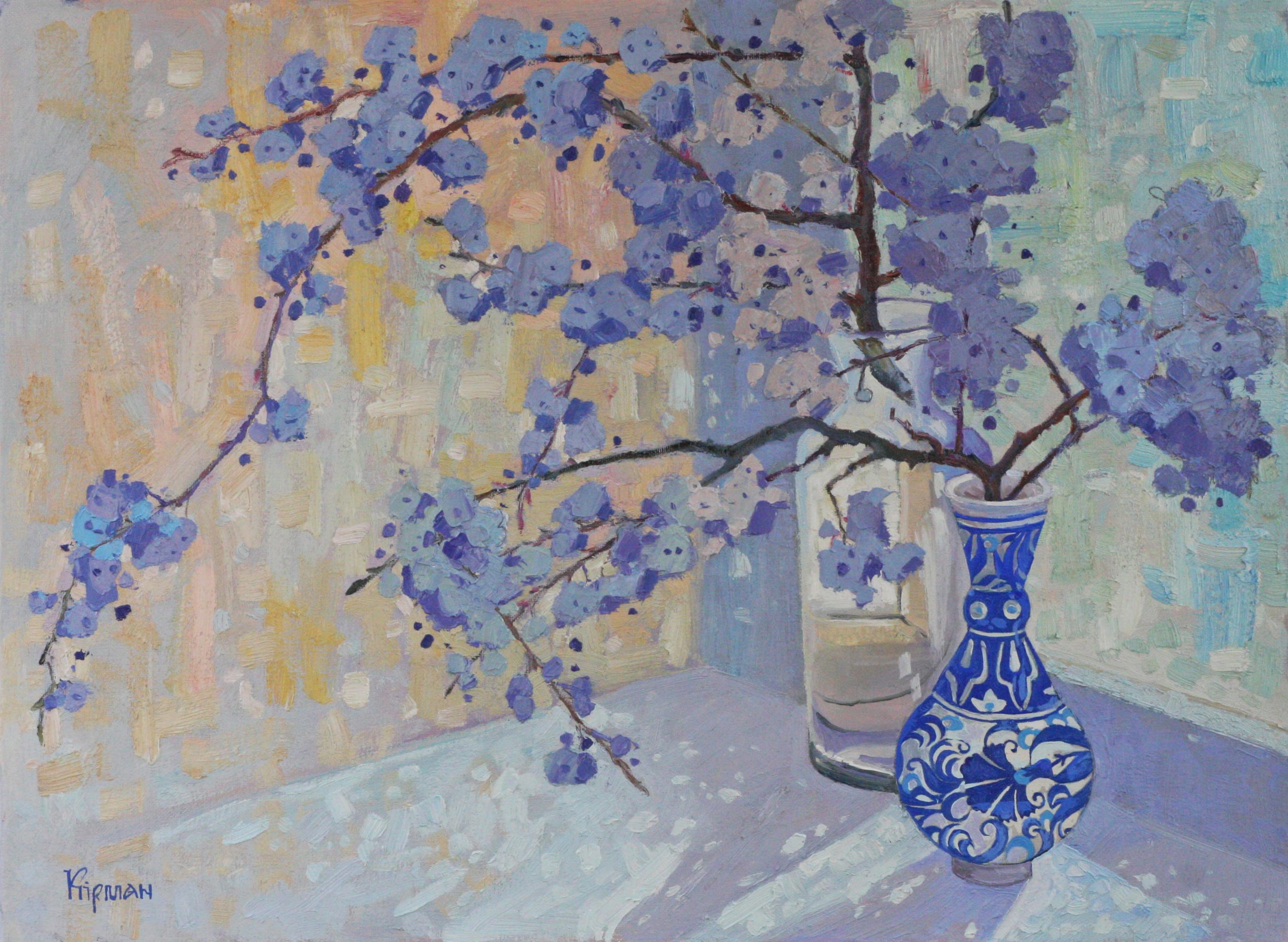 Landscape Painting Nelli Kirman - Peinture à l'huile sur toile « Sun Climbs Kissing », bleu, gris, blanc, violet et noir