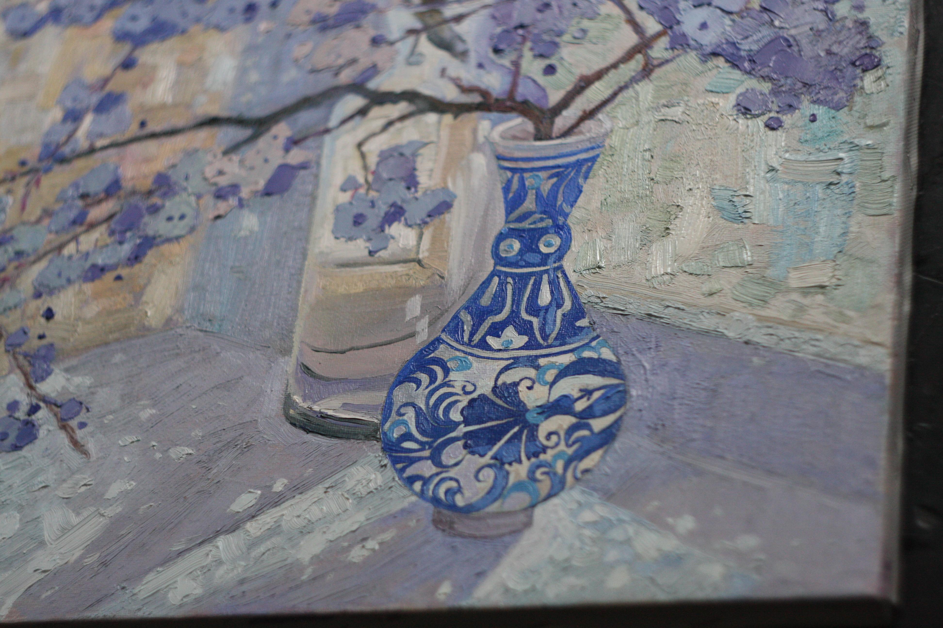 Il sole si arrampica baciandosi - Pittura a olio su tela Blu Grigio Bianco Viola Nero - Painting Impressionismo di Nelli Kirman