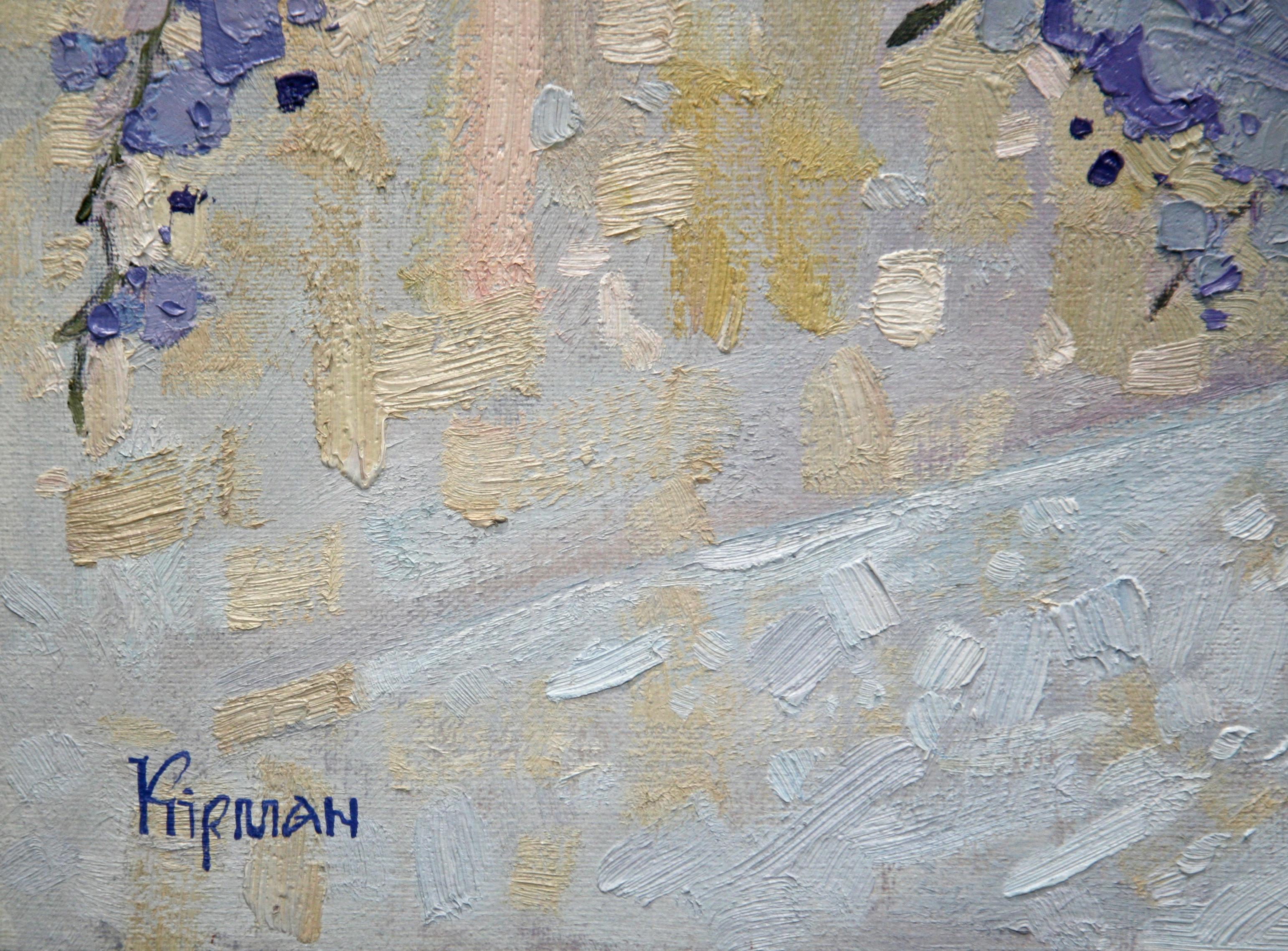 Peinture à l'huile sur toile « Sun Climbs Kissing », bleu, gris, blanc, violet et noir - Gris Landscape Painting par Nelli Kirman