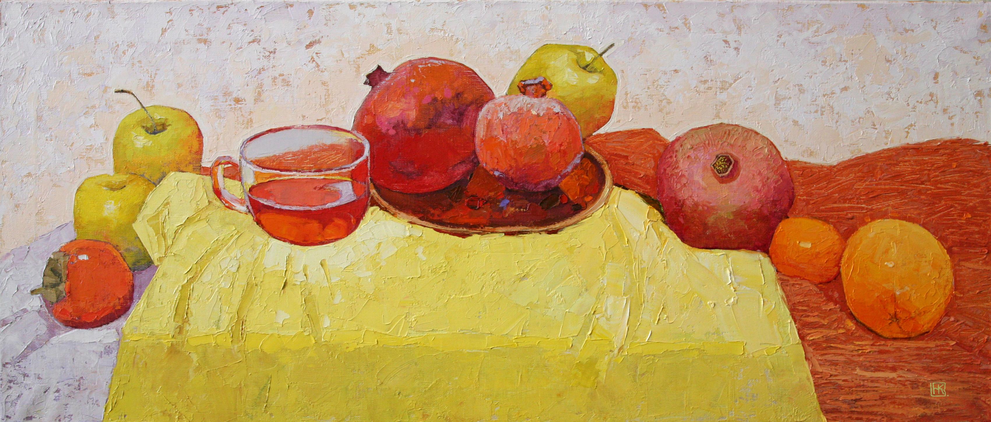 Still-Life Painting de Nelli Kirman - Еxquisite Taste - Pintura al óleo Lienzo Rojo Verde Amarillo Blanco