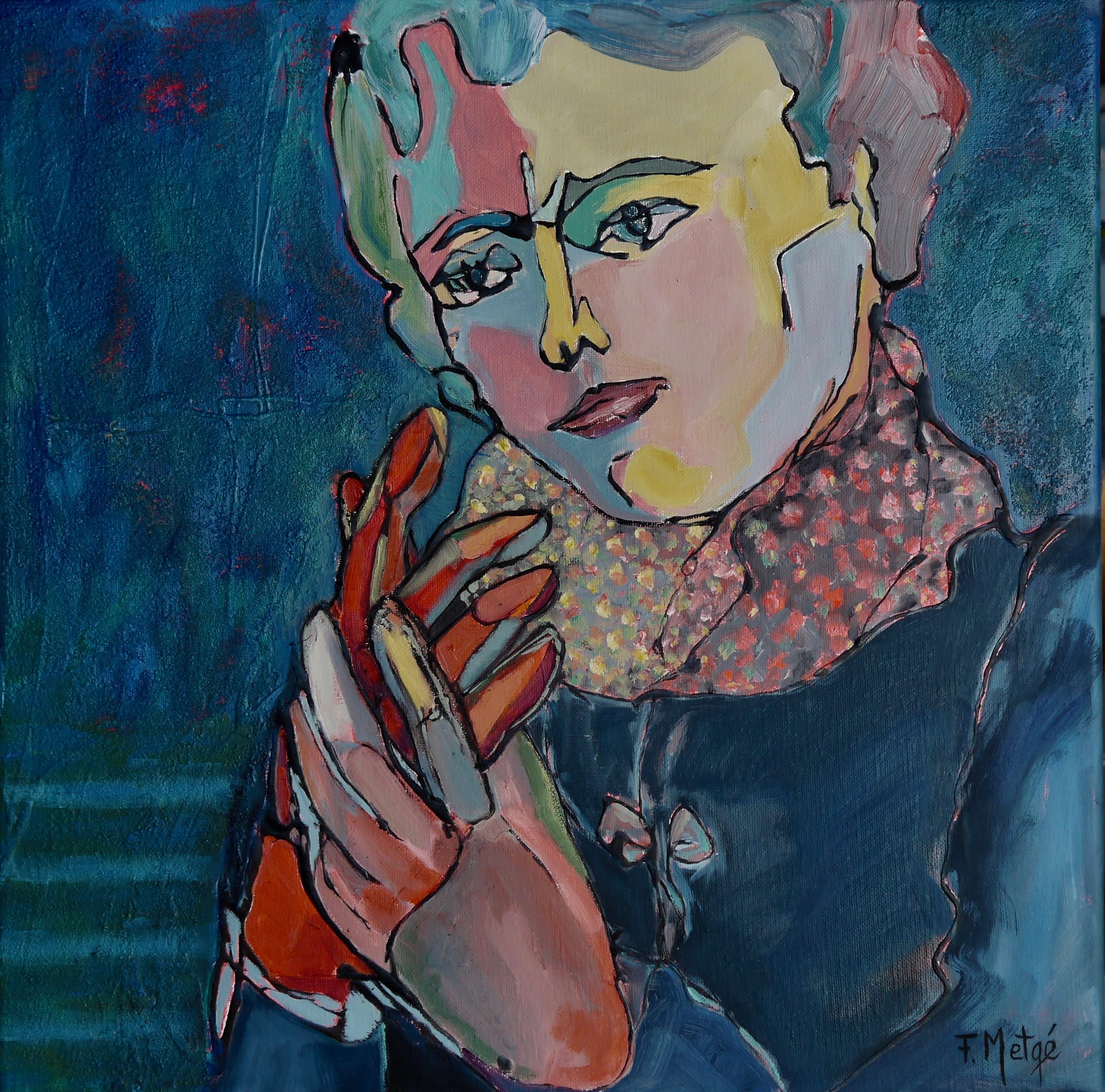 Florence Metge Figurative Painting - Red Gloves - Acrylic Painting Red Pink Green White Blue Brown Black Yellow