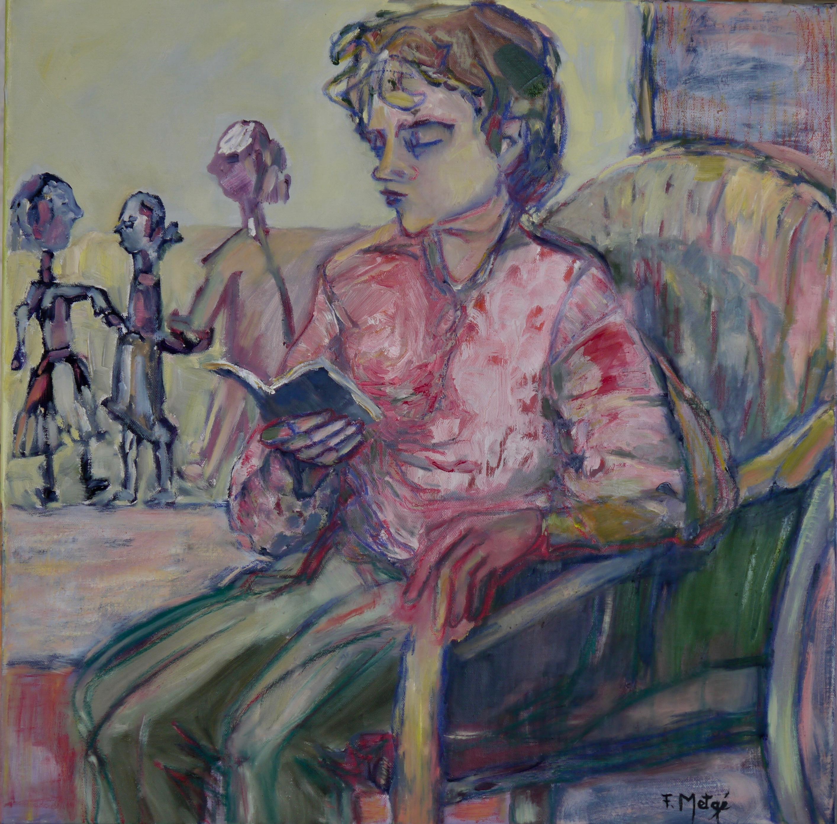 Figurative Painting di Florence Metge - Lettura - Pittura acrilica figurativa Colori Rosa Verde Bianco Blu Marrone