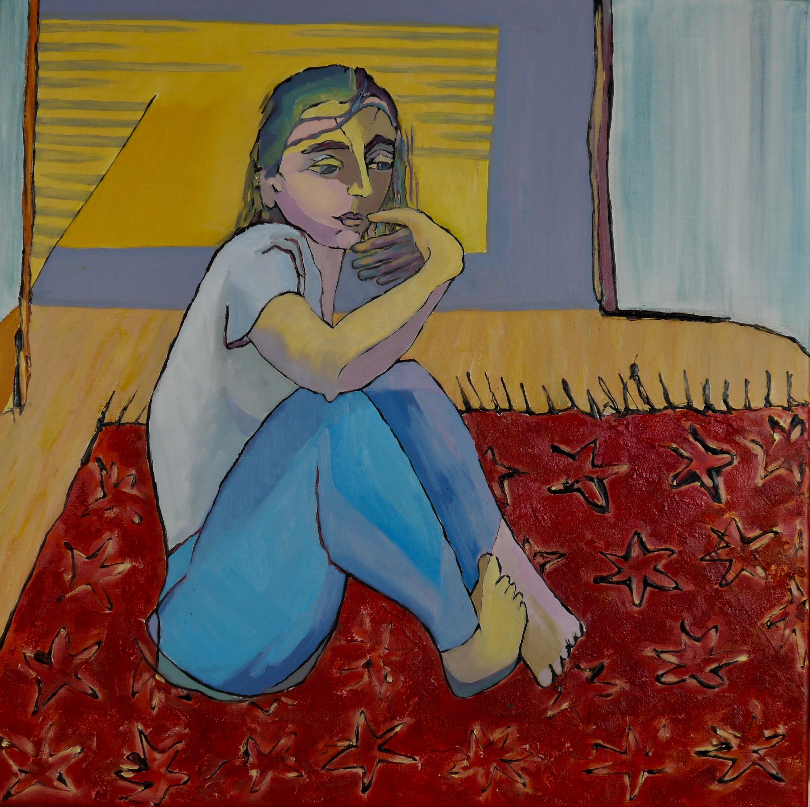 Florence Metge Figurative Painting - Lonely Girl - Acrylic Painting Red Beige White Blue Brown Black Yellow