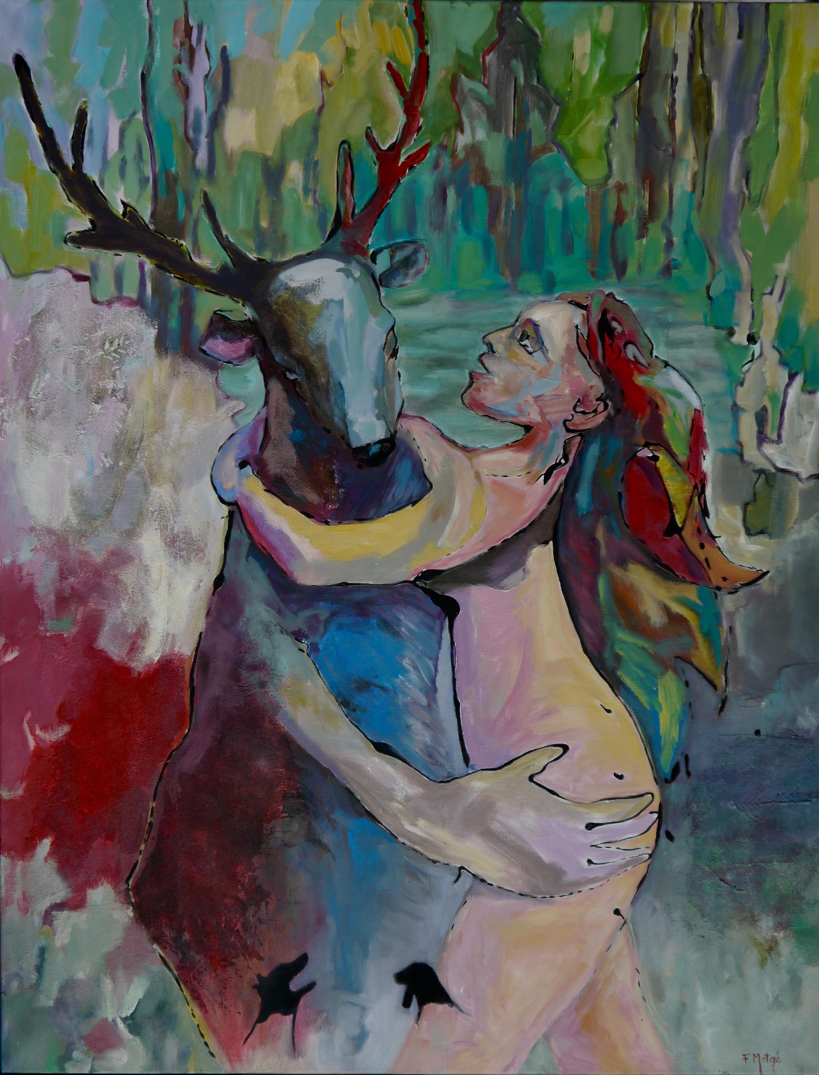 Florence Metge Figurative Painting - Diane and Actéon - Acrylic Painting Pink Green White Blue Brown Black Yellow