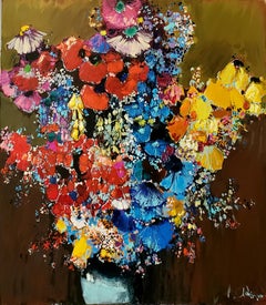 Grand bouquet - Paysage d'artiste arménien jaune, blanc, rouge, bleu, rose et marron