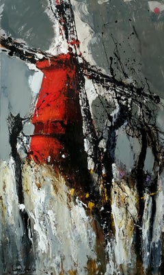 The Windmill - Peinture à l'huile d'un artiste arménien - Paysage Blanc Rouge Gris