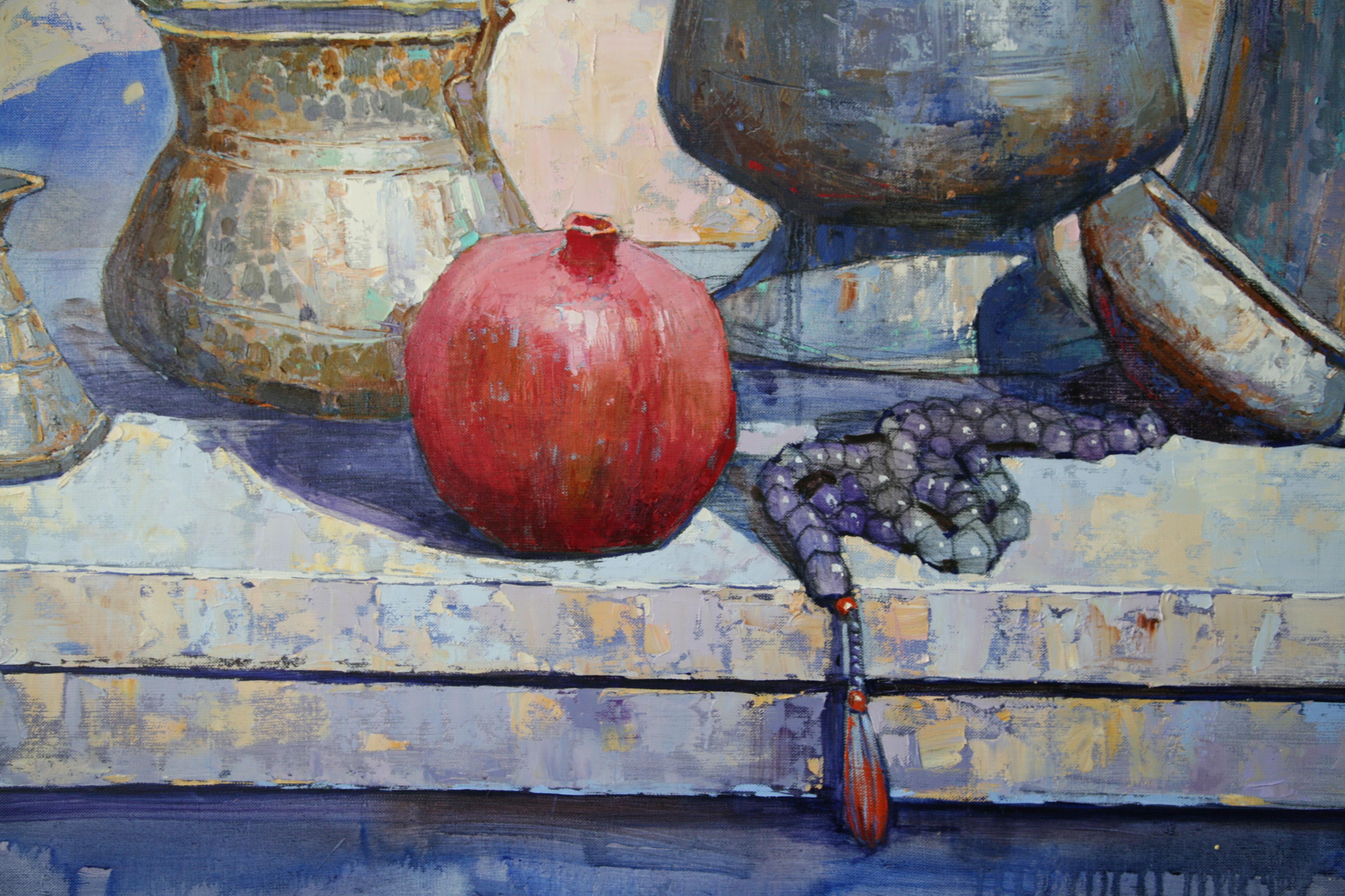 Mémoire ensoleillée - Peinture à l'huile Couleurs Blanc Rouge Bleu Rose Pastel Marron Violet - Gris Still-Life Painting par Alexander Britsev