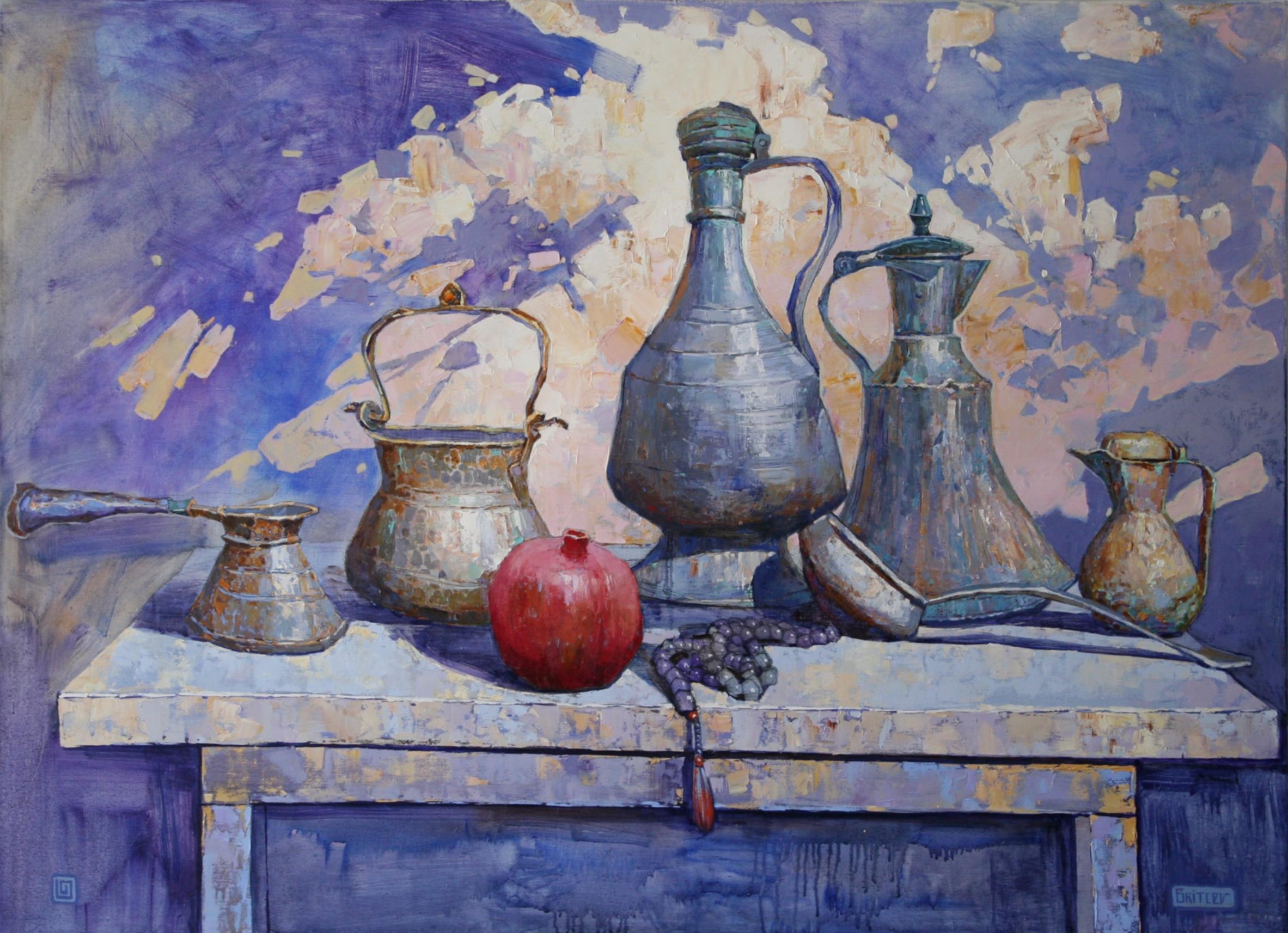 Still-Life Painting Alexander Britsev - Mémoire ensoleillée - Peinture à l'huile Couleurs Blanc Rouge Bleu Rose Pastel Marron Violet