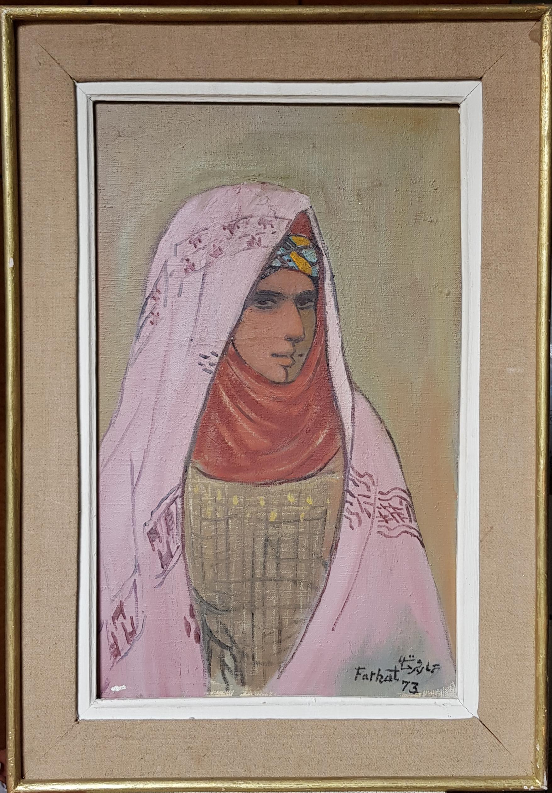 Ammar Fahrat Portrait Painting - Portrait of a Tuareg Girl Painting Oil Canvas Red Brown Pink White Green Purple 