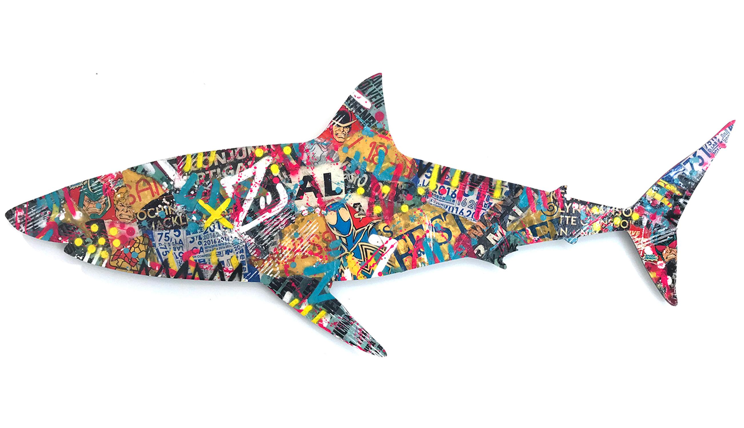 Aiiroh Abstract Painting - "Street Shark" Colorful Mixed Media Work on Dibond by French Street Artist