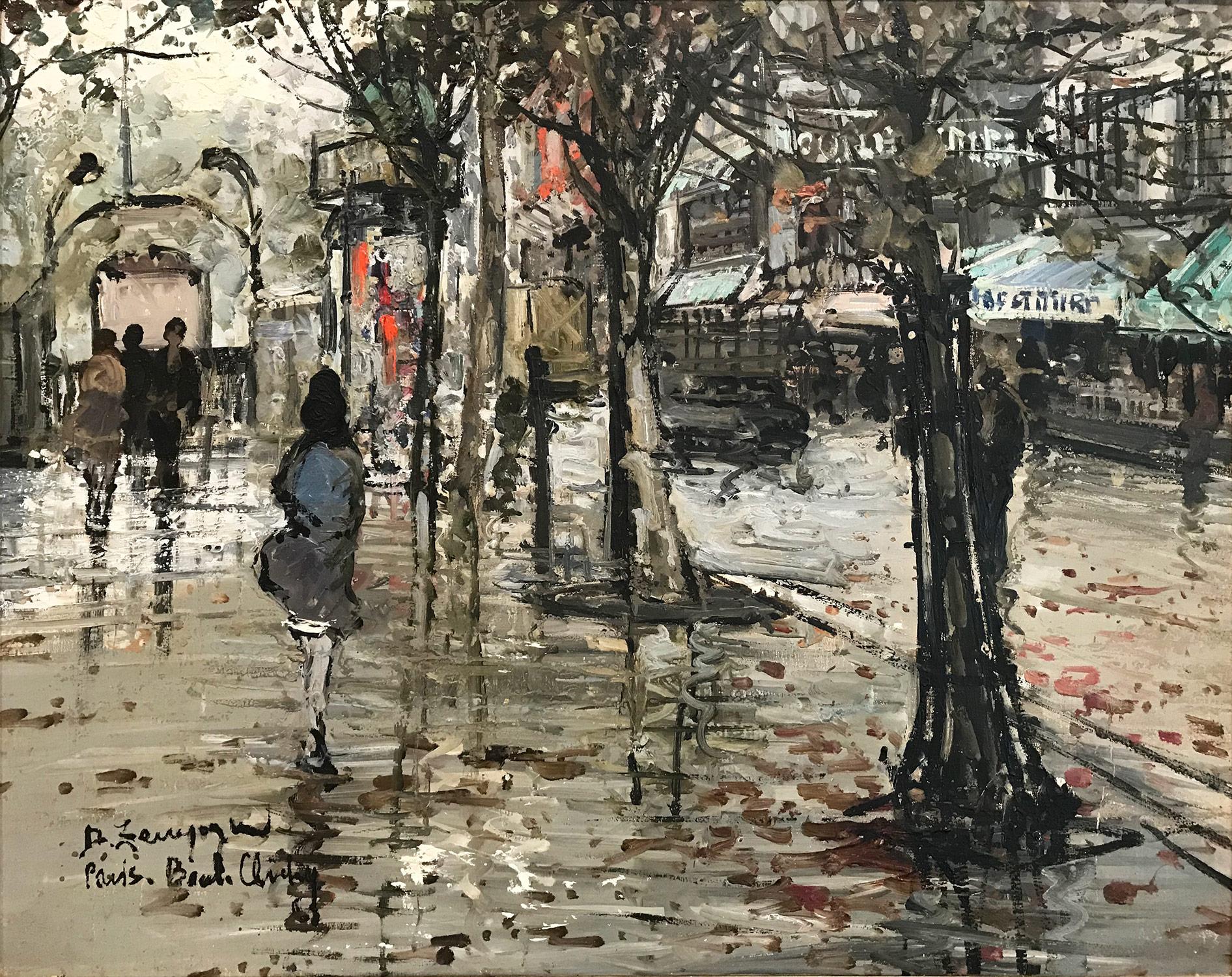 A stunning depiction a romantic Parisian street scene done around the 1950s. We are drawn to the playful use of light and how the rain sparkles on the sidewalk.  A woman is walking away from the viewer and other figures are found in the background.