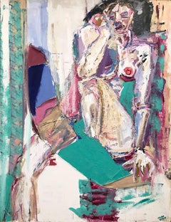 "Modernist Nude" Mid Century Bold Colorful Abstract Nude Painting Oil on Canvas