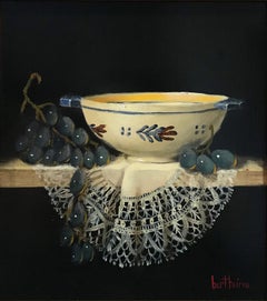 "Quimper Bowl & Black Grapes" Realist Still Life Oil Painting on Wood Panel