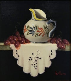 "Quimper Creamer, Red Grapes & Cloth" Still Life Oil Painting on Wood Panel