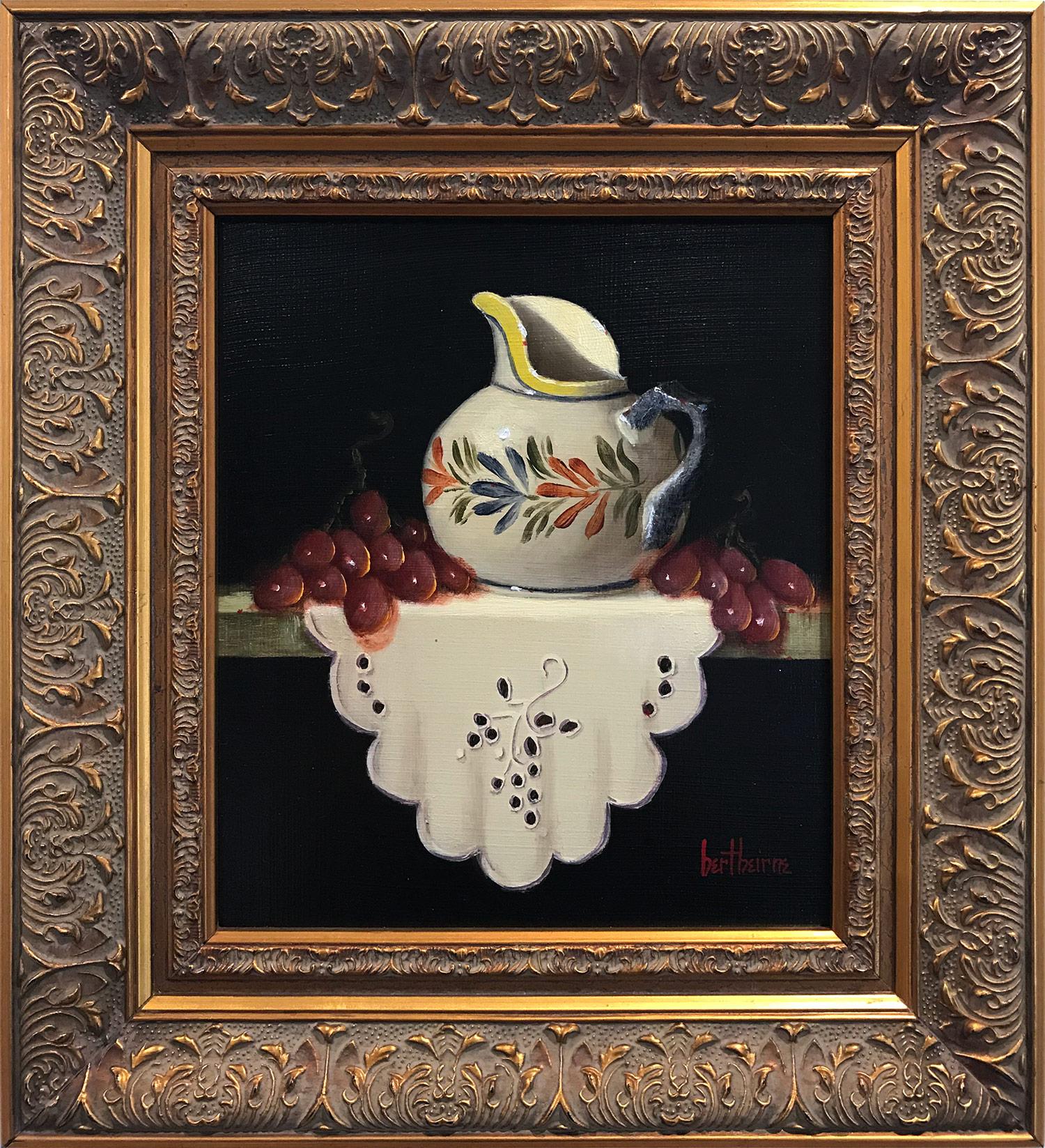 "Quimper Creamer, Red Grapes & Cloth" Still Life Oil Painting on Wood Panel