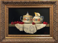 "Quimper Creamer & Sugar with Cherries" Still Life Oil Painting on Wood Panel