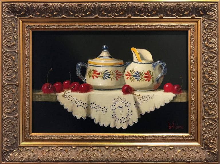 Bert Beirne Still-Life Painting - "Quimper Creamer & Sugar with Cherries" Still Life Oil Painting on Wood Panel