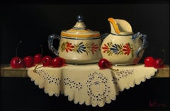 "Quimper Creamer & Sugar with Cherries" Still Life Oil Painting on Wood Panel