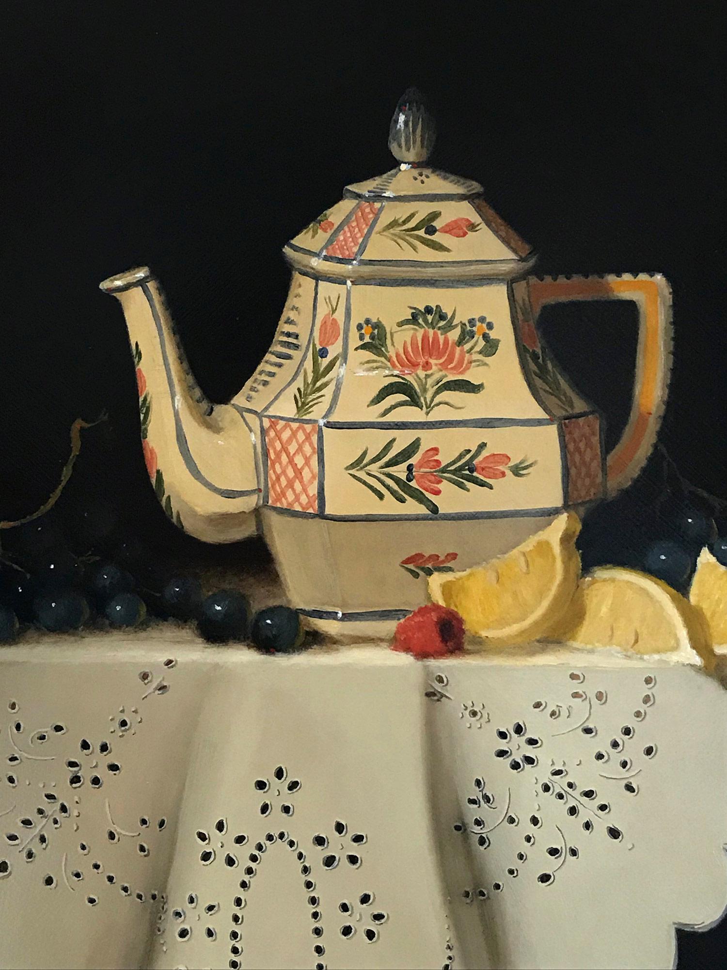 A luminous still life that borrows themes from Dutch 17th Century Masters, we are drawn to the very details that Beirne captures effortlessly. The subdued, yet boldness of the colors represent an interesting arrangement throughout. This painting