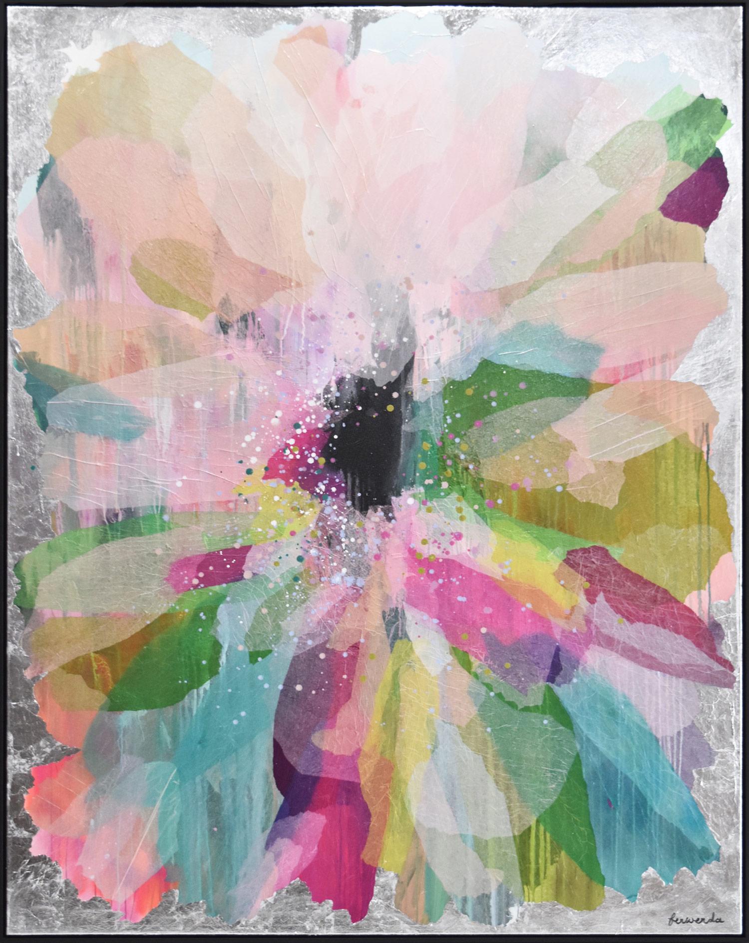 Antoinette Ferwerda Abstract Painting - "Dahlia" Colorful Contemporary Layered Mixed Media Floral Painting on Canvas