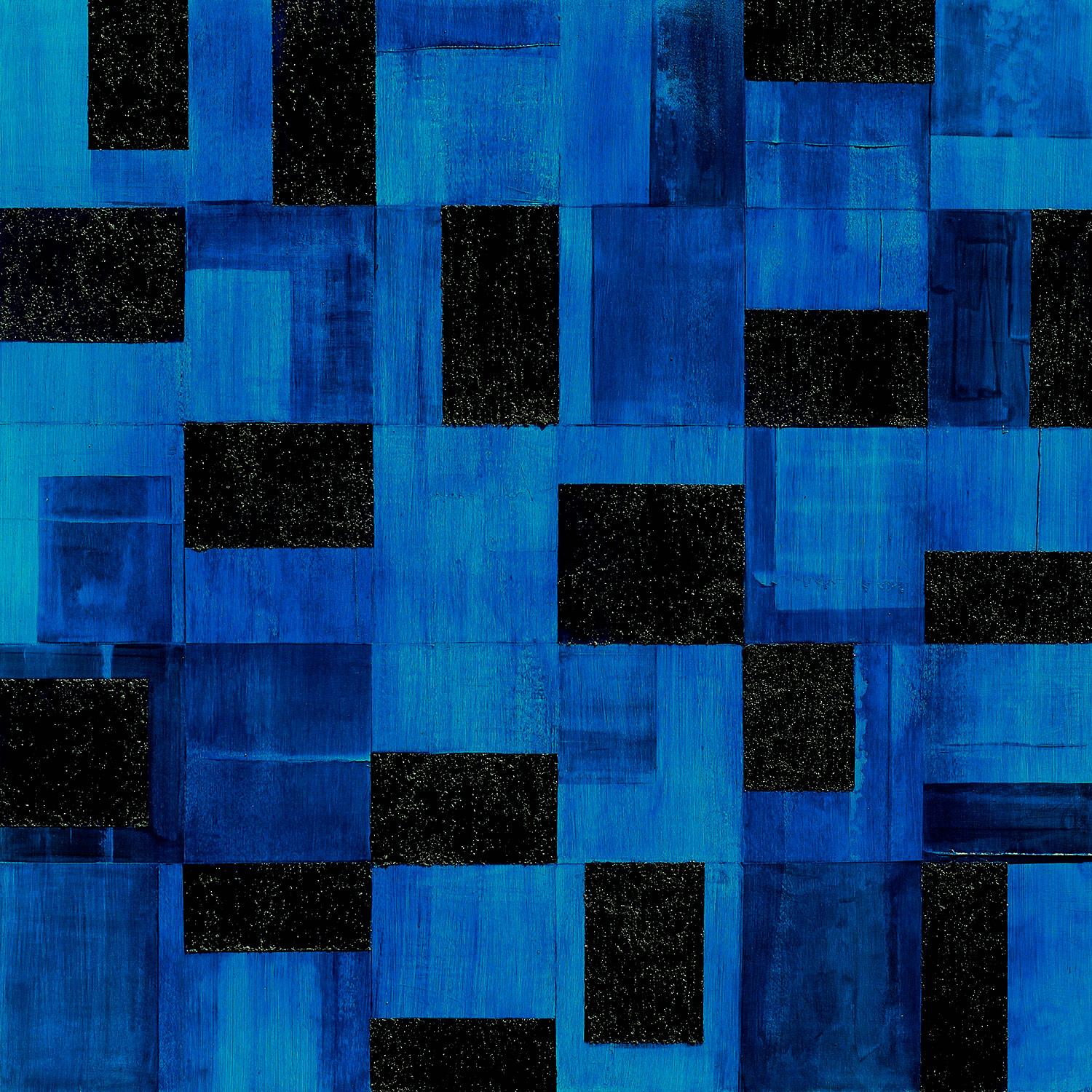Abstract Painting Christie Owen - "Geometric 3074" Composition abstraite en couches de médias mixtes sur panneau de bouleau baltique