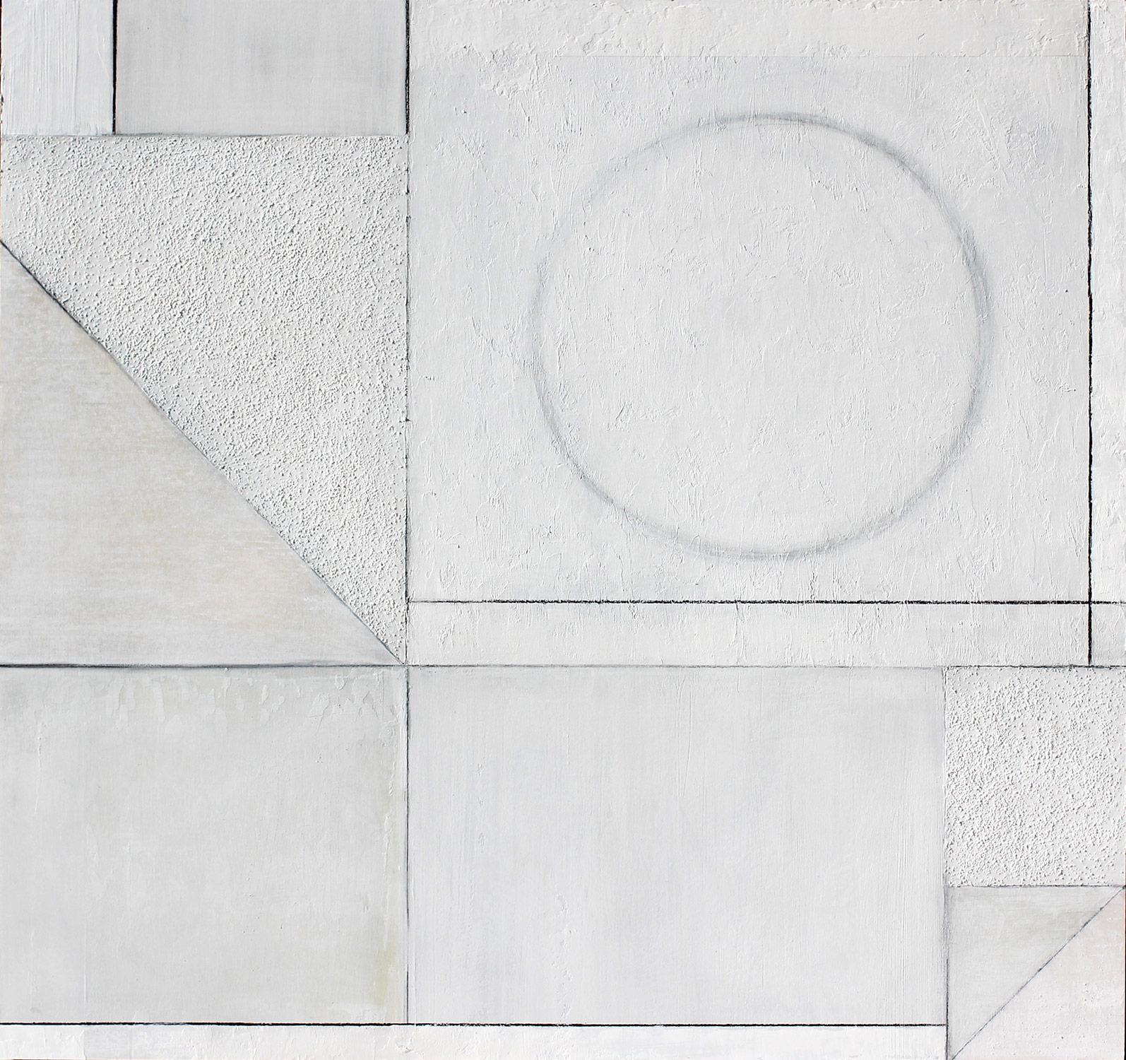 Abstract Painting Christie Owen - "Geometric 3076" Composition abstraite en couches de médias mixtes sur panneau de bouleau baltique
