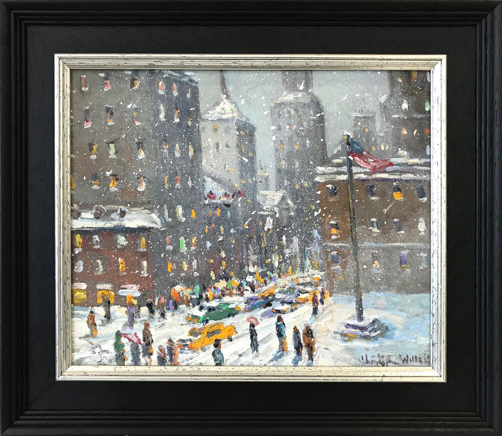 Christopher Willett Figurative Painting - "Manhattan NY" Winter Landscape with Buildings and Snow in NYC Oil Painting 