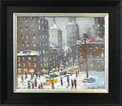 "Manhattan NY" Winter Landscape with Buildings and Snow in NYC Oil Painting 