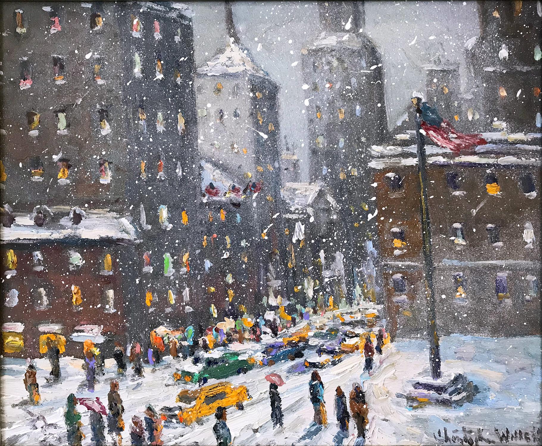 „Manhattan NY“ Winterlandschaft mit Gebäuden und Schnee in New York City:: Ölgemälde – Painting von Christopher Willett