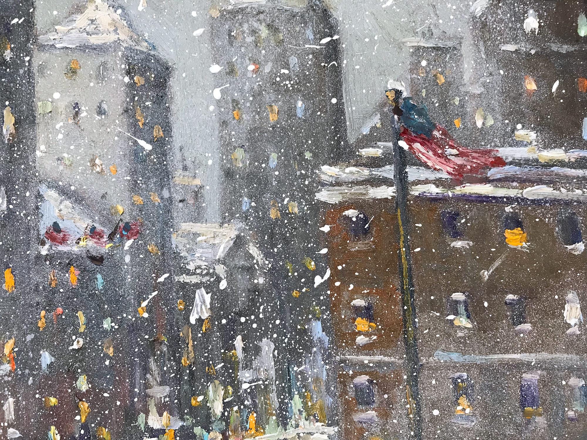 „Manhattan NY“ Winterlandschaft mit Gebäuden und Schnee in New York City:: Ölgemälde (Schwarz), Figurative Painting, von Christopher Willett