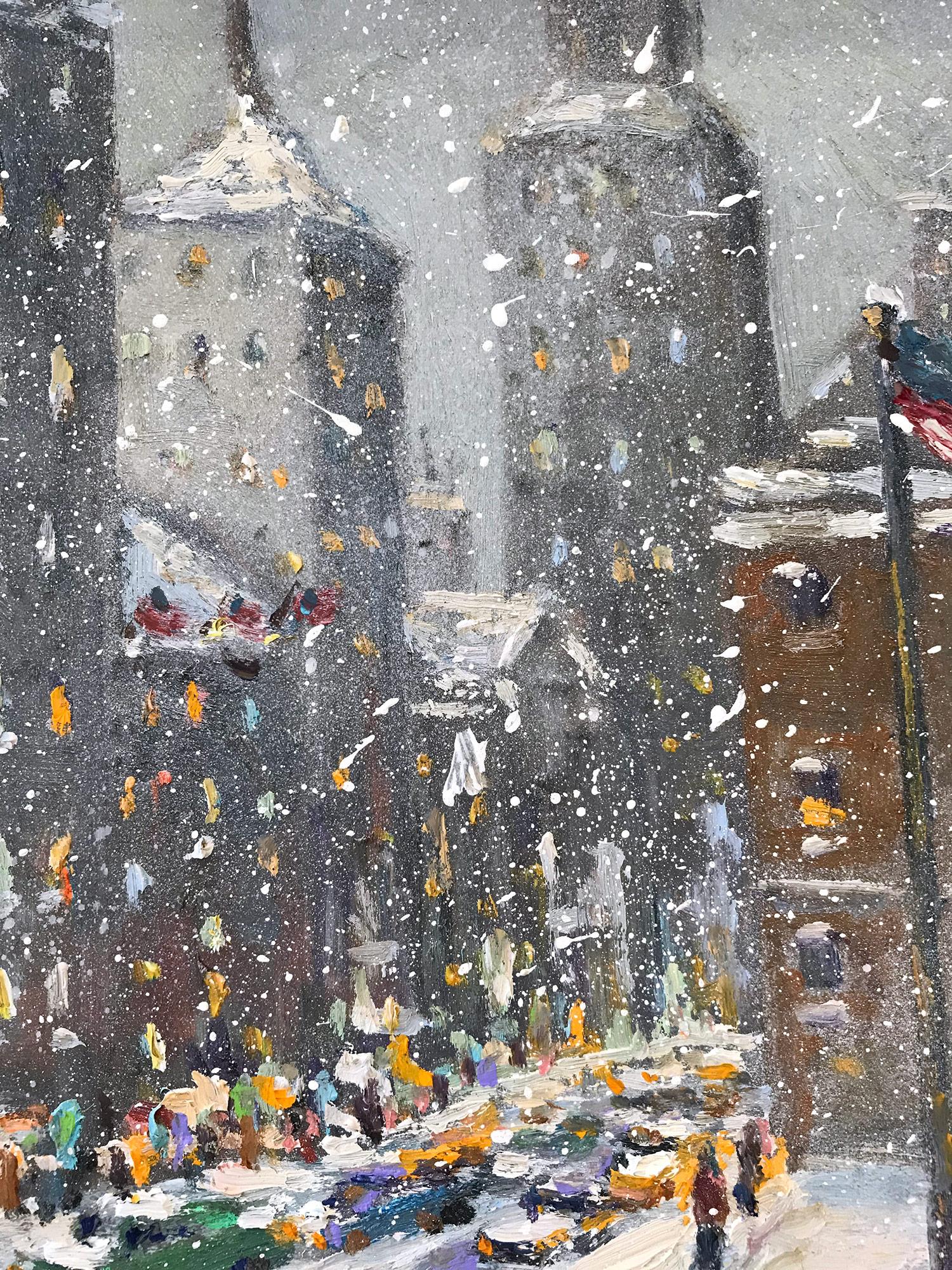 Eine Szene aus ikonischem New York City:: die einen Schneesturm auf eine intime:: aber energiegeladene Weise darstellt. Christopher ist bekannt dafür:: dass er die Schönheit und Schlichtheit einer früheren Zeit des 20. Jahrhunderts einfängt: alte