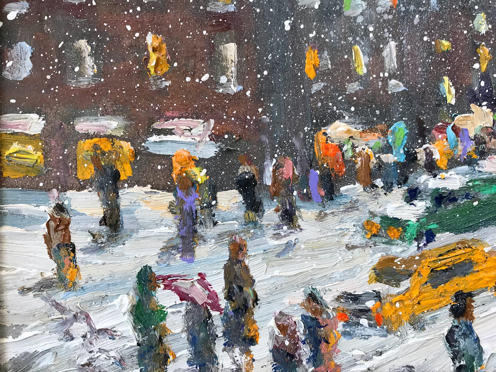 A scene of iconic New York City depicting a snowstorm in a most intimate, yet energetic way. Christopher is known for capturing the beauty and simplicity of an earlier time of the 20th Century; old New York, families working together, villages and