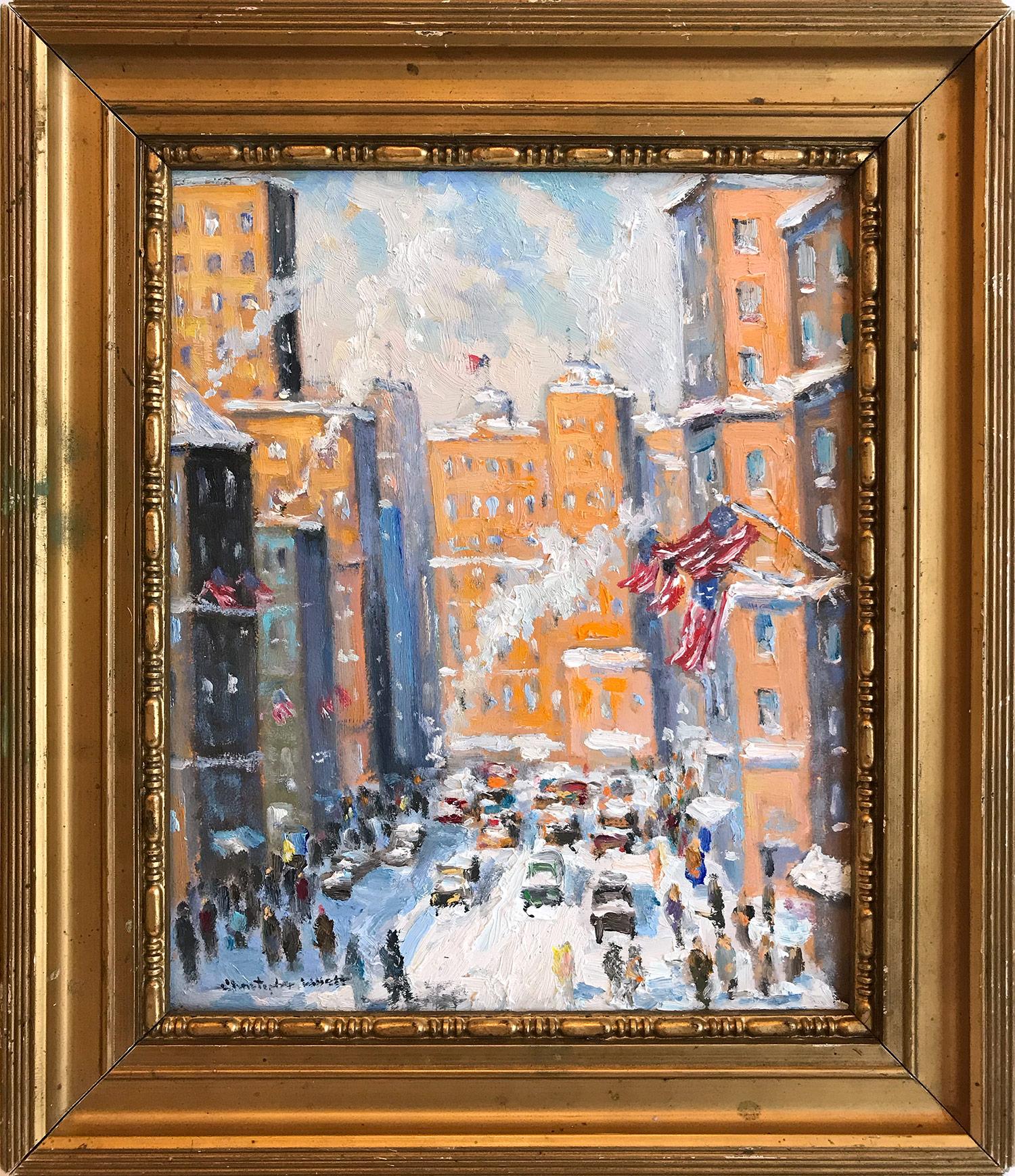 Christopher Willett Figurative Painting - "Off 5th Av. New York City" Impressionist Winter Scene Landscape Oil Painting