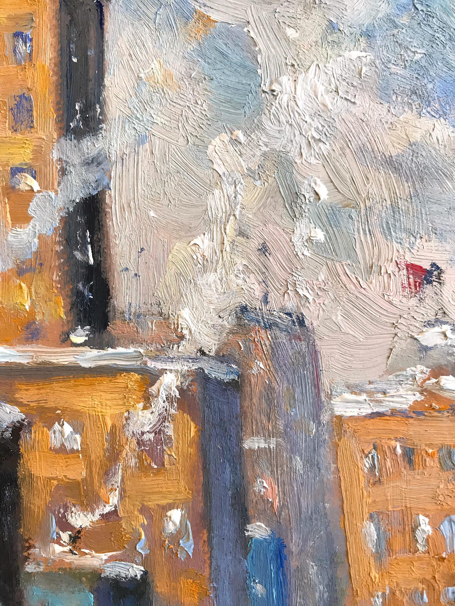Impressionist New York City winter cityscene depicting American flags, cars and pedestrians off 5th Avenue in a most intimate, yet energetic way. Christopher is known for capturing the beauty and simplicity of an earlier time of the 20th Century;