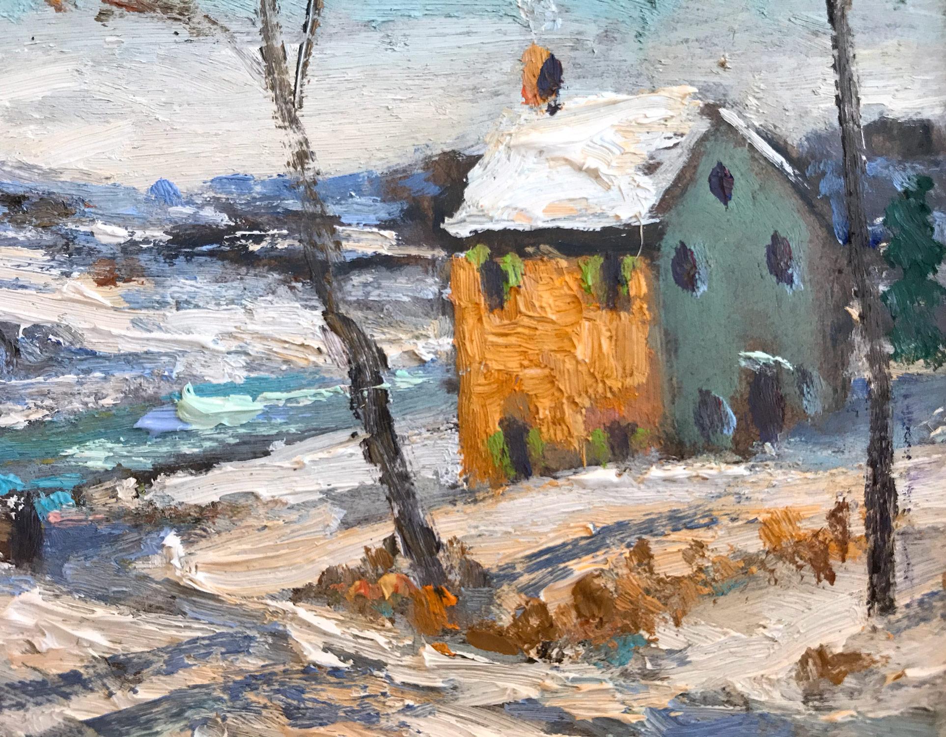 Impressionist winter pastoral scene of a quaint snow covered bridge and farm house in Upper Bucks County, PA. Willet has portrayed this piece in a most intimate, yet energetic way, and has packed much feeling into this miniature work. It is almost