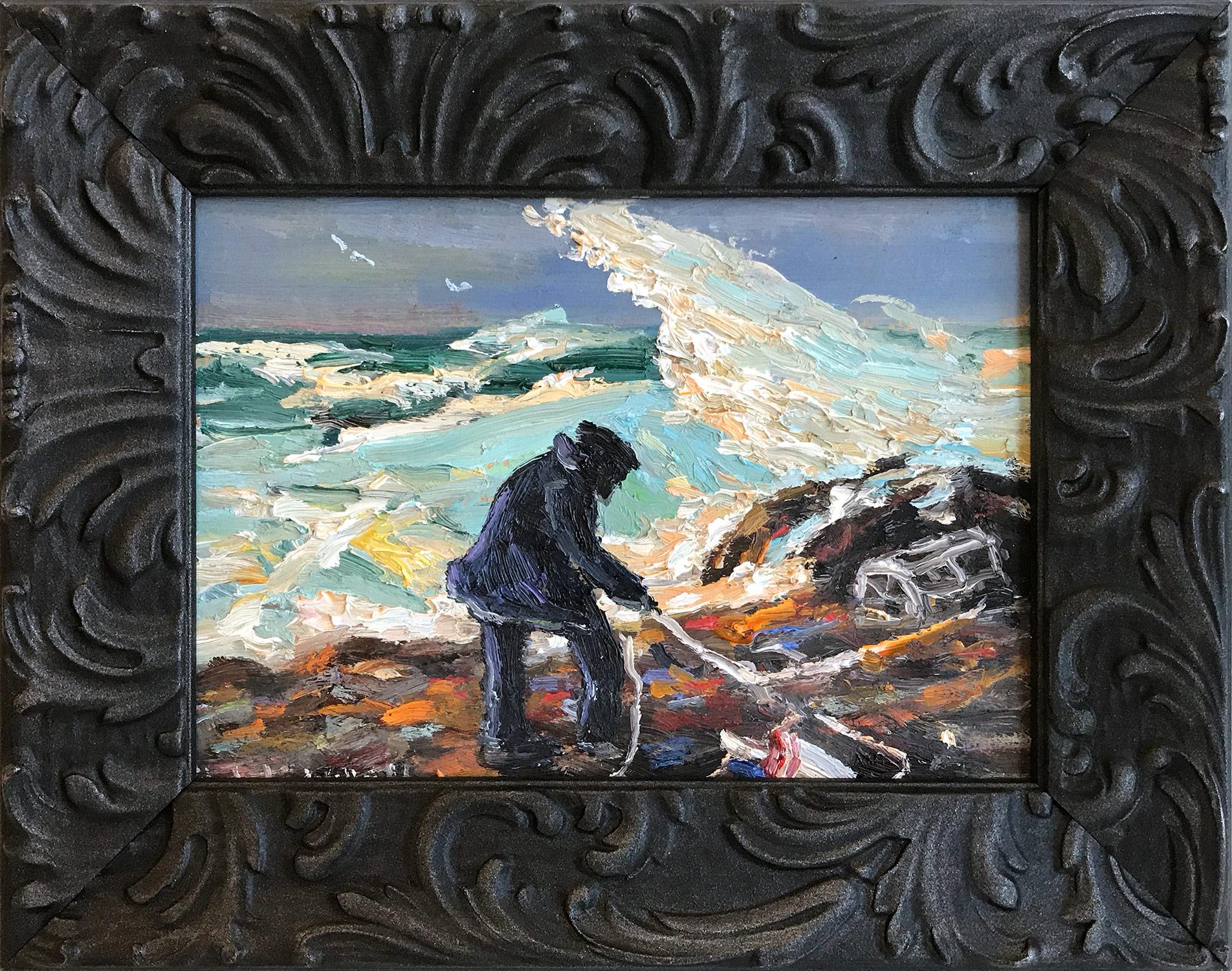 "Lobster Pots" Peinture à l'huile - Scène de rivage du Massachusetts avec personnage