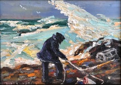 "Lobster Pots" Gloucester Massachusetts Seashore Scene Oil Painting with Figure