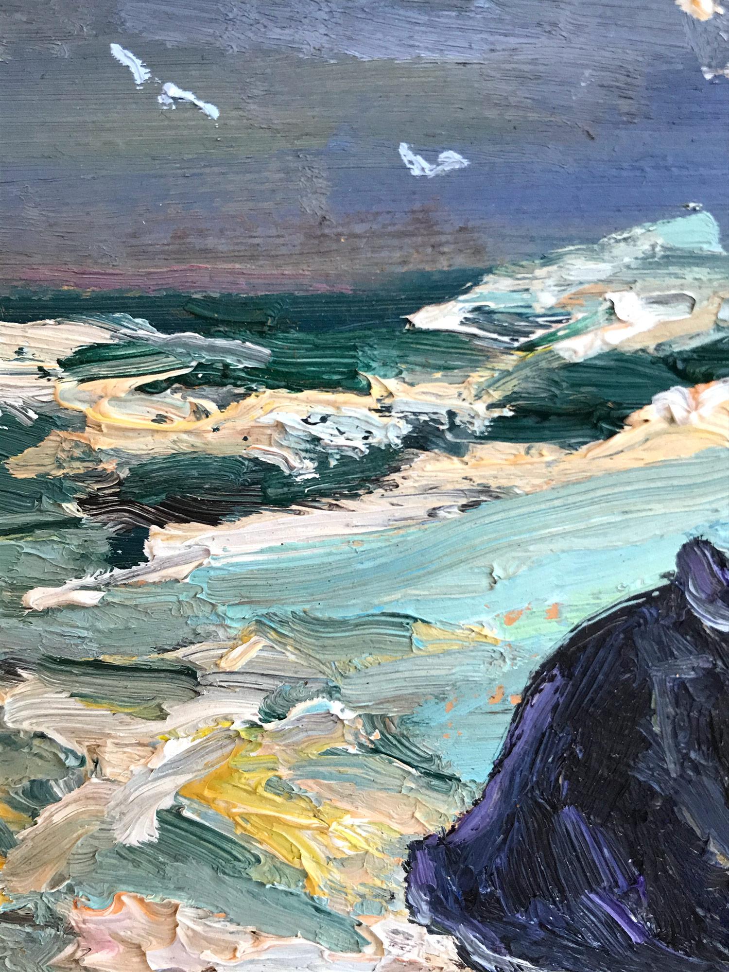 Impressionistische Küstenlandschaft mit einem Fischer, Hummerkuttern und brechenden Wellen in Gloucester, Massachusetts. Willet hat dieses Stück auf höchst dramatische und energische Weise dargestellt und viel Gefühl in dieses Miniaturwerk gepackt.