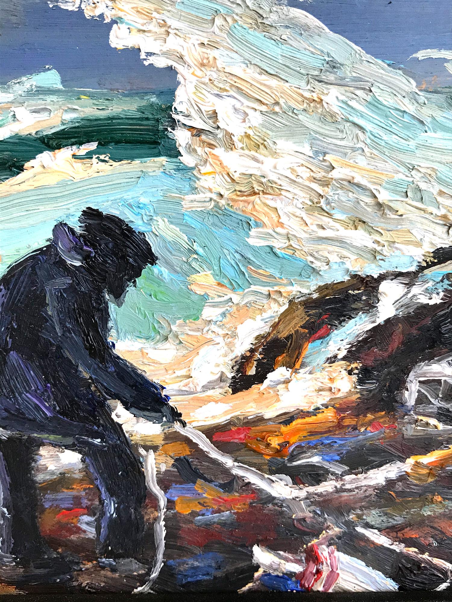 Impressionist seashore landscape with figure of fisherman, lobster pots, and crashing waves in Gloucester Massachusetts. Willet has portrayed this piece in a most dramatic and energetic way and has packed much feeling into this miniature work. It is